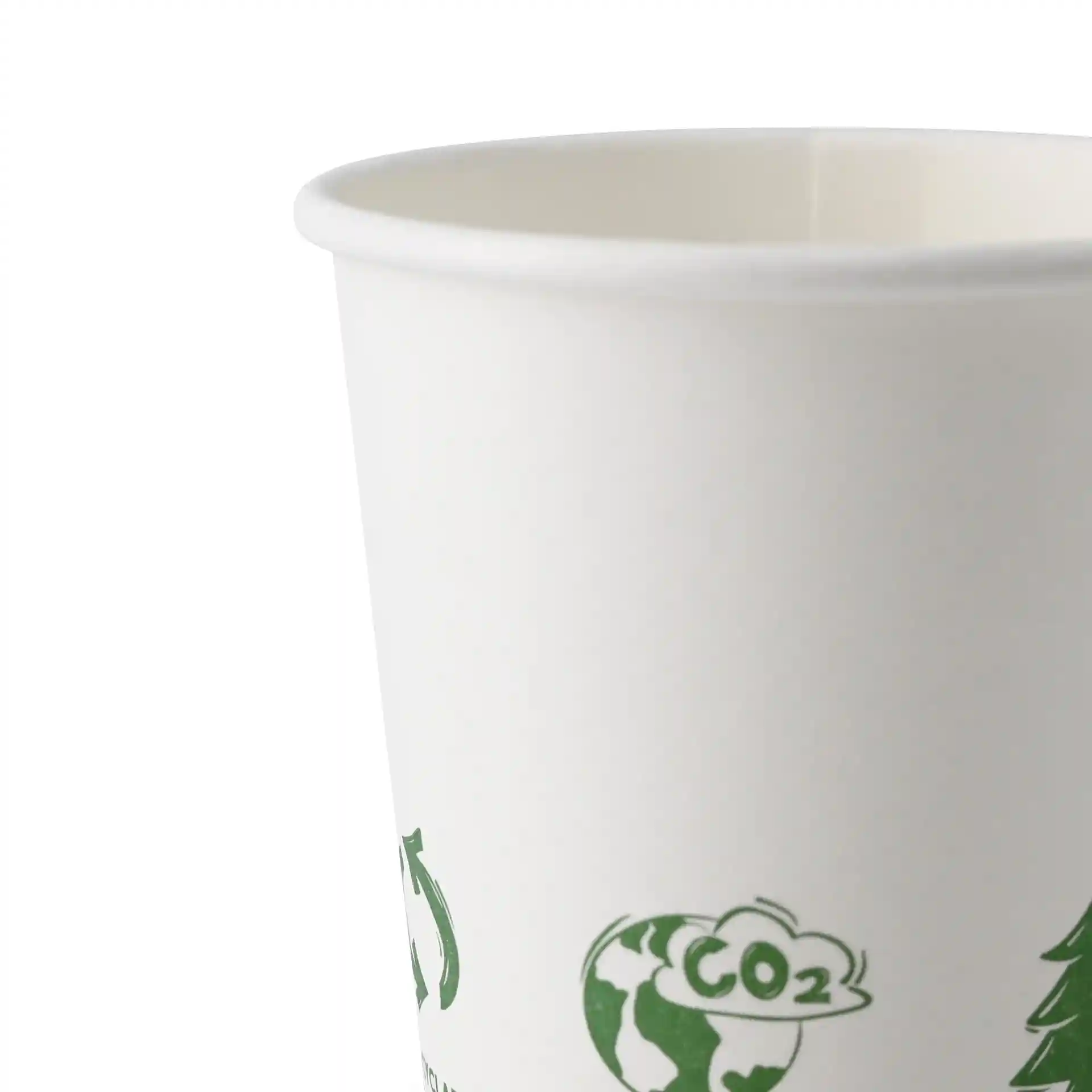 Witte beker met een diameter van 62 mm, met groene 'EcoUp©'-iconen en een PLA-coating.