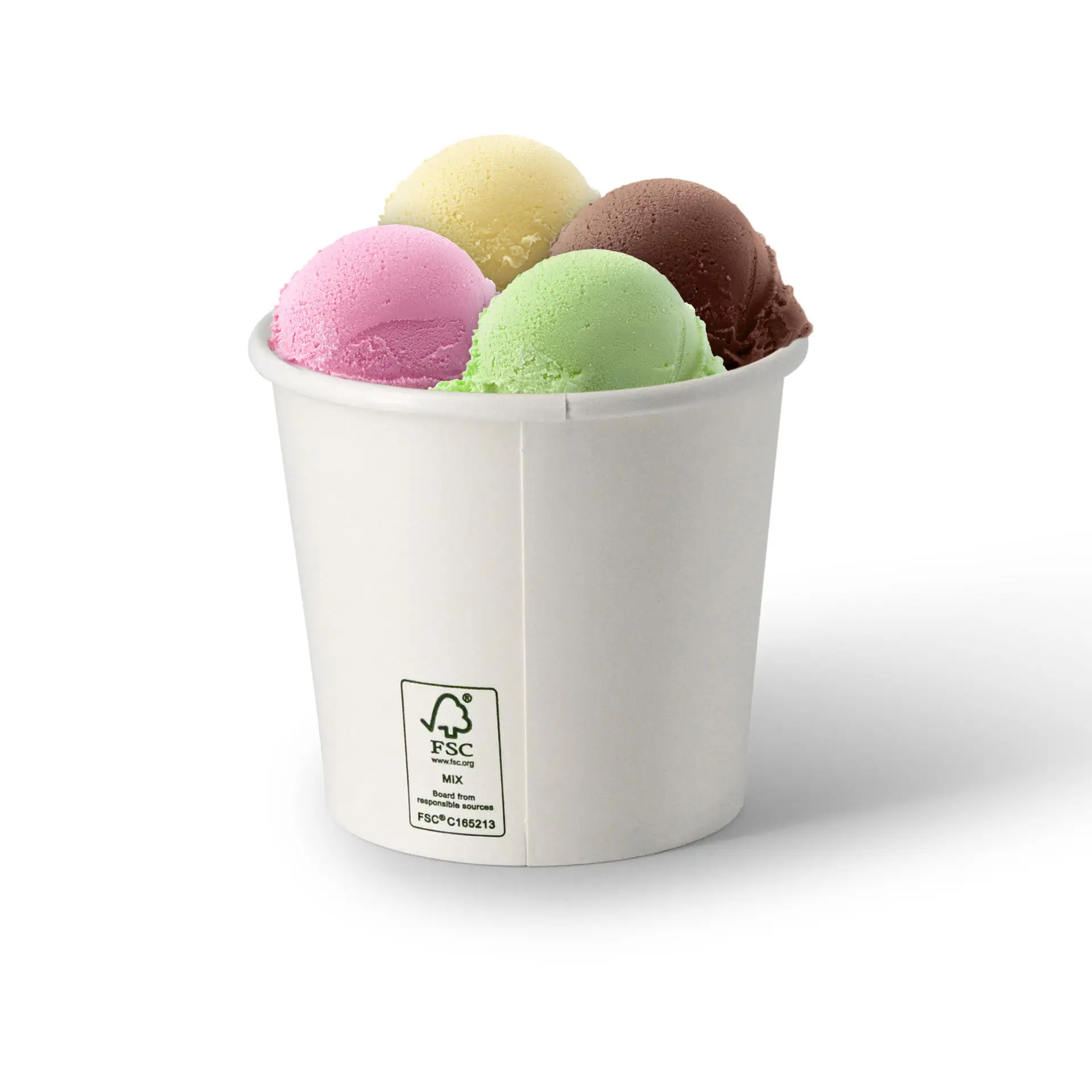 Een witte papieren ijsbeker met vier bollen verschillende ijs smaken: chocolade, aardbei, groene meloen en citroen.