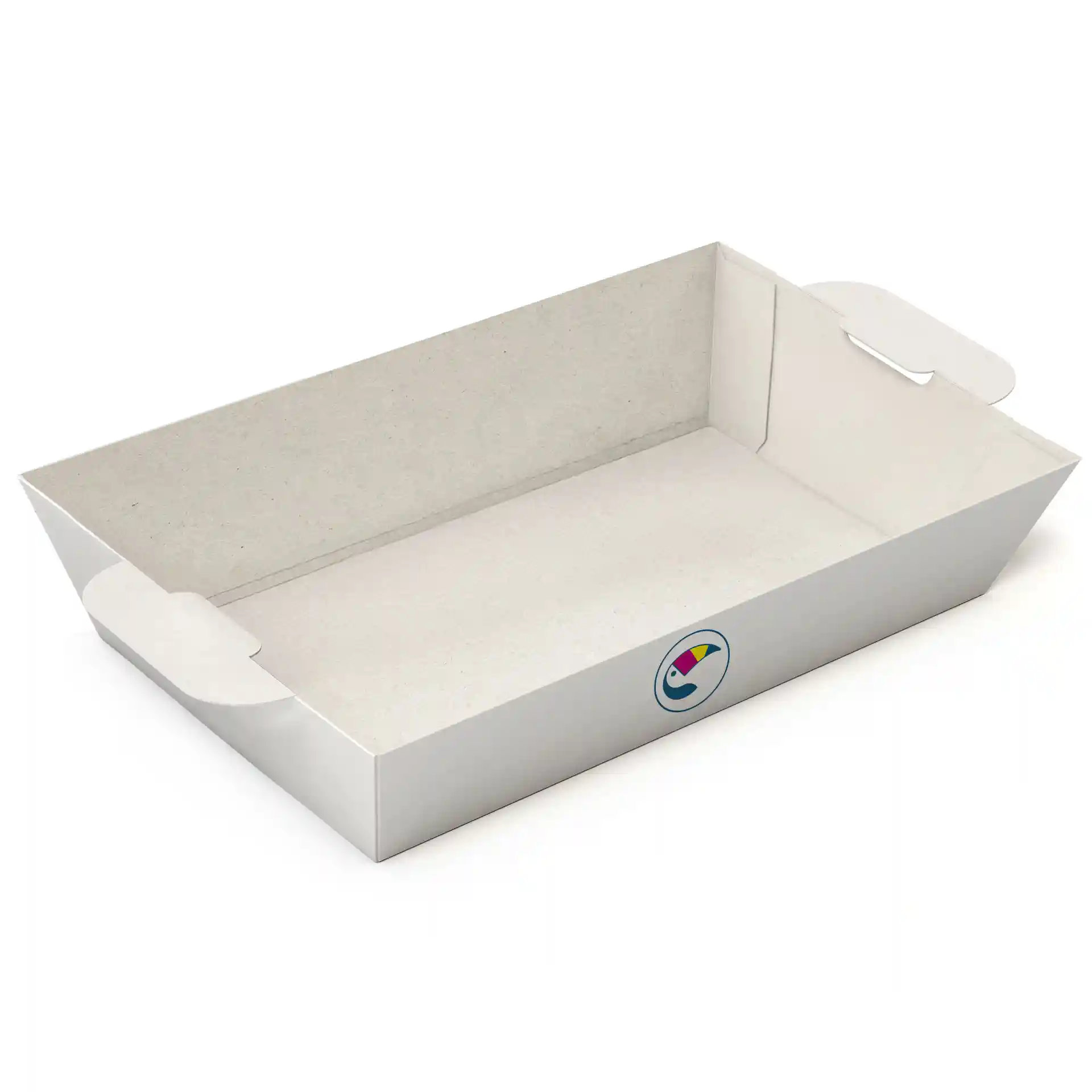 Rechthoekige witte snacktray van 19,7 x 13,7 cm met een hoogte van 4,5 cm en zijhandvatten.
