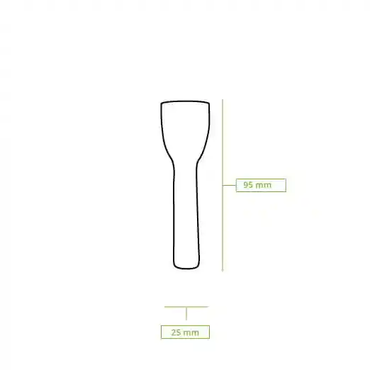 Schematische tekening van een papieren ijslepel, 95 mm lang en 25 mm breed, weergegeven in omtrekvorm.