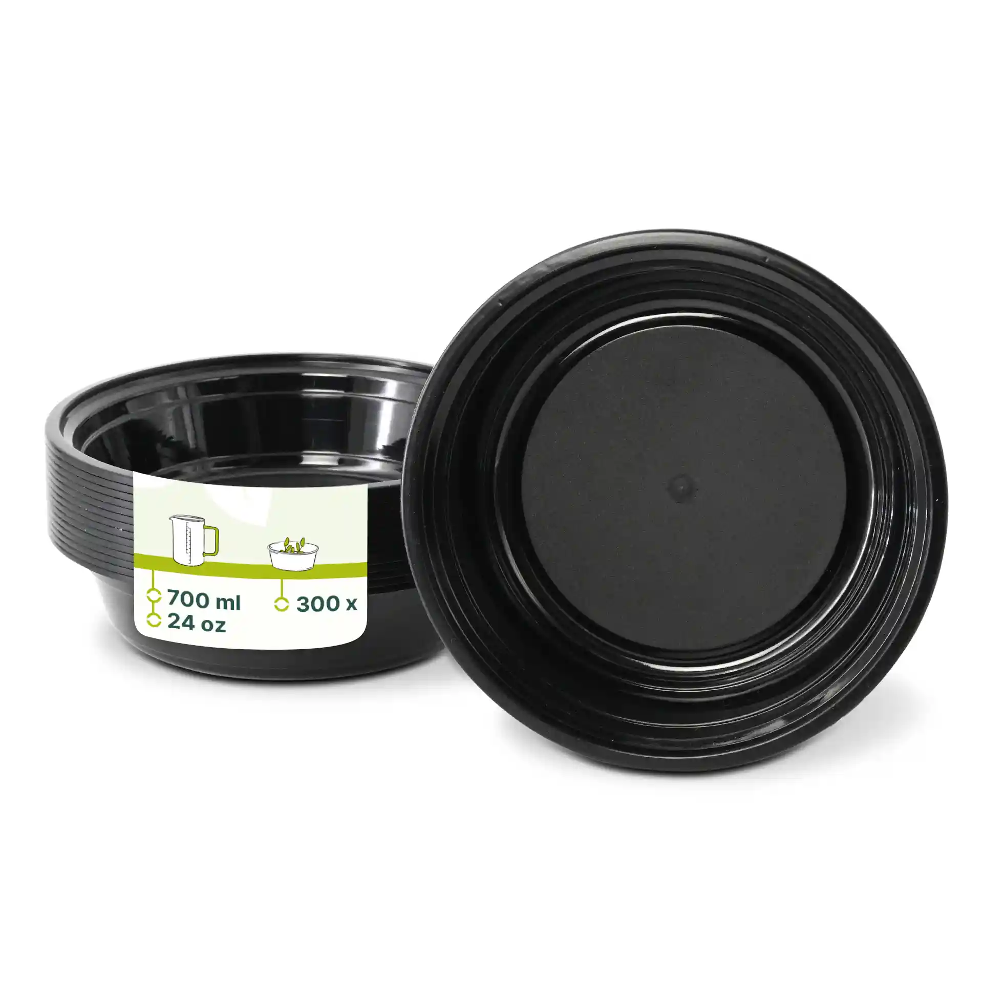 Zwarte ronde herbruikbare plaat van PP, 700 ml capaciteit, diameter van 182 mm en hoogte van 44 mm.