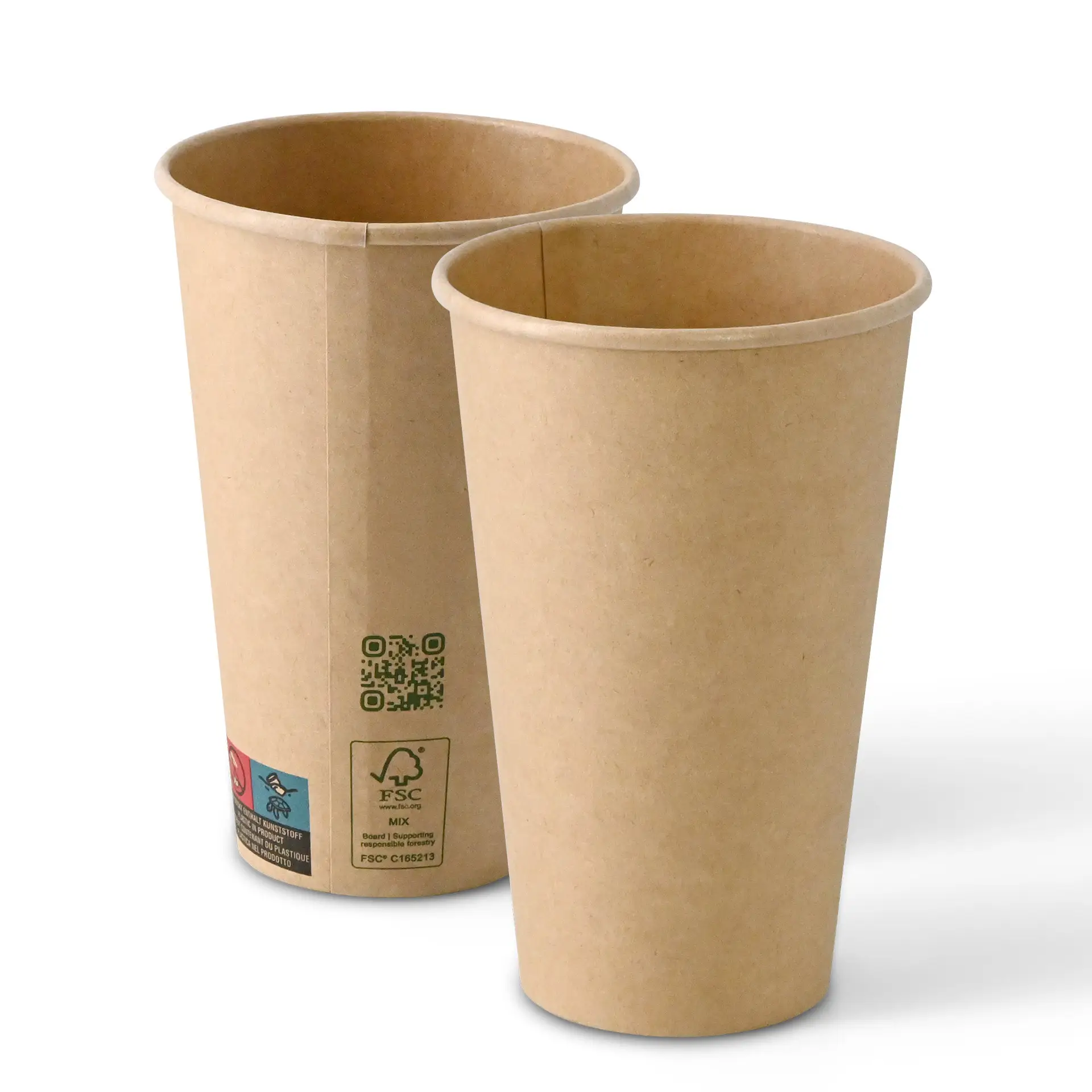 Bruine papieren beker met enkele wand, 400 ml capaciteit en een diameter van 90 mm, vanuit twee hoeken getoond.