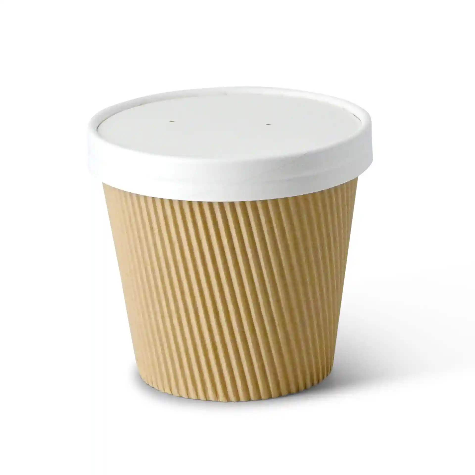 Ronde kraftkartonnen soepkom met een witte deksel, geribbelde textuur en milieuvriendelijke coating.
