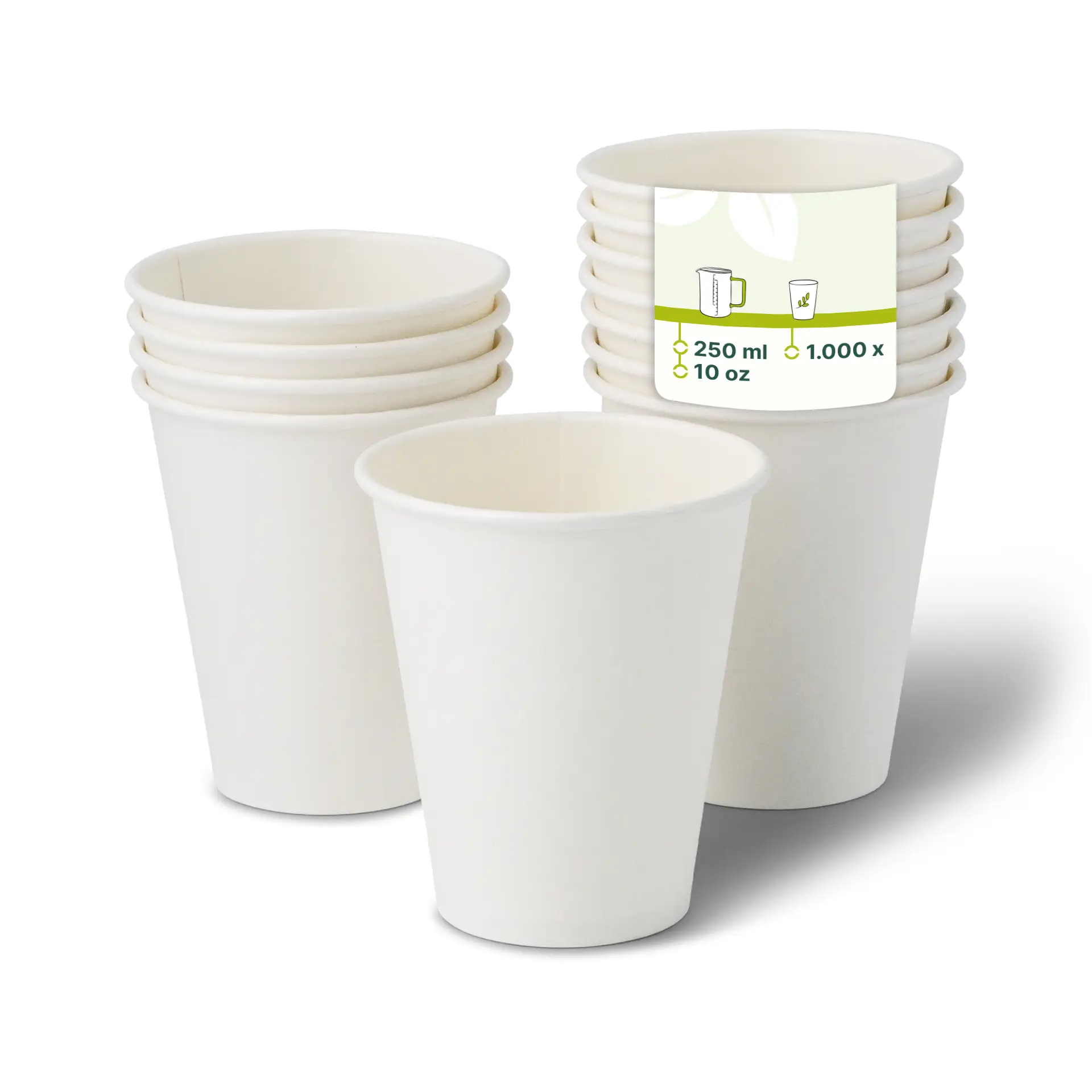 Witte papieren bekers in een stapel, met één beker rechtop en een label van 250 ml en 10 oz.