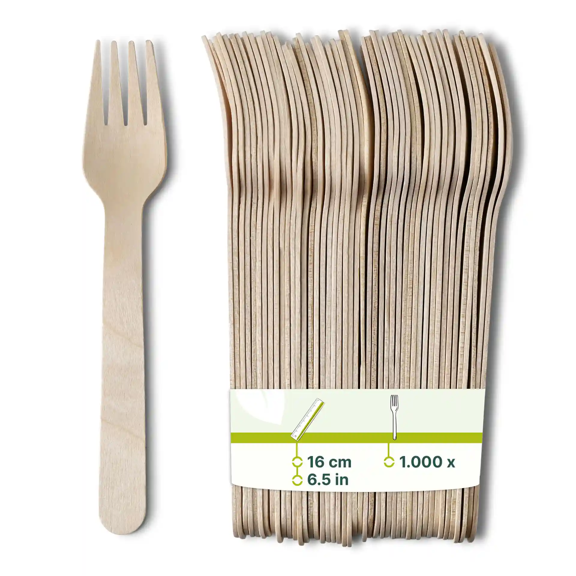 Houten vork met bio-coating, 16 cm lang, naast een stapel vergelijkbare vorken.