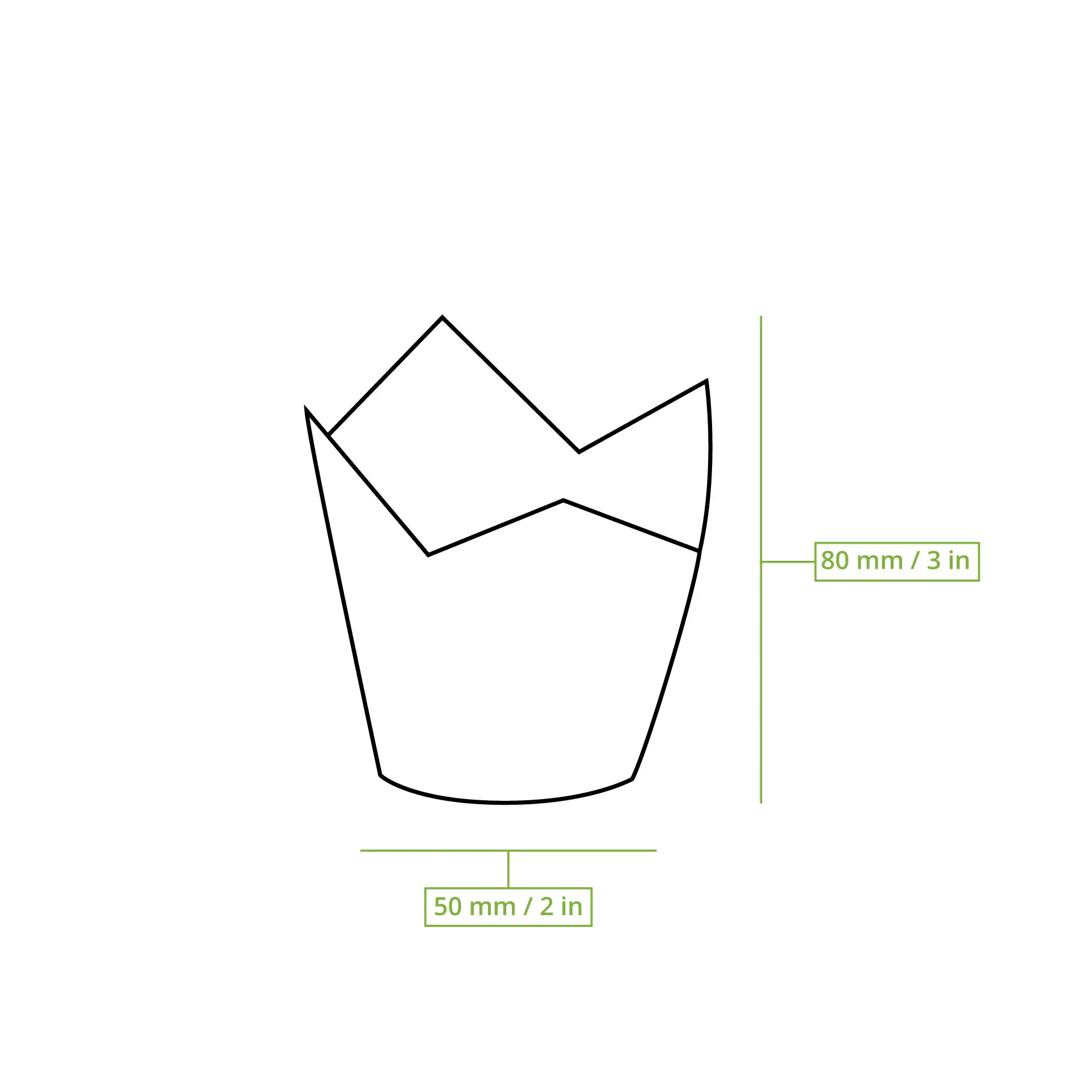 Illustratie van een papieren muffin cup met afmetingen; 50 mm diameter en 80 mm hoogte, in bruin vetvrij papier.