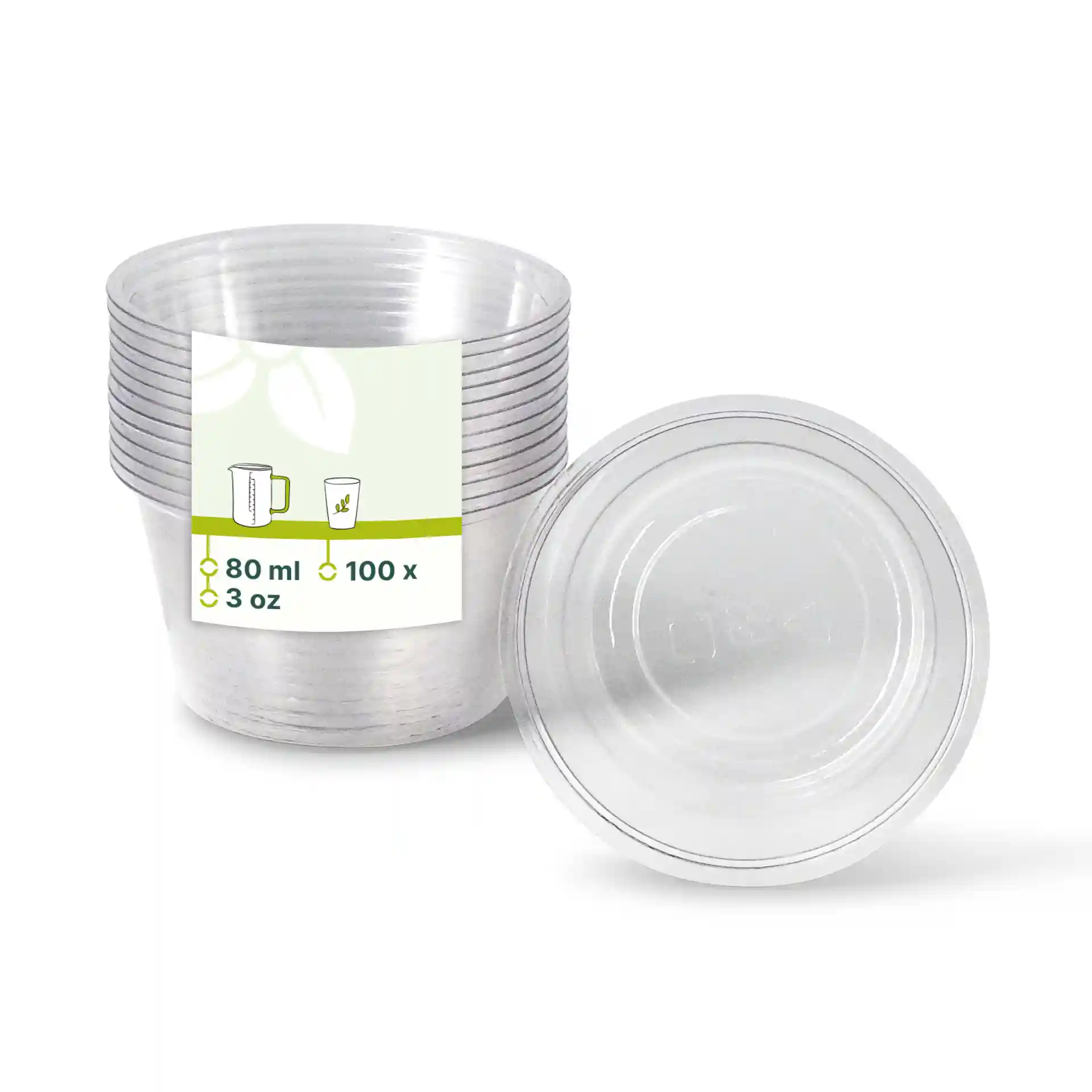 Heldere PLA-bekers, 80 ml capaciteit, gestapeld met een label met afmetingen en hoeveelheid.