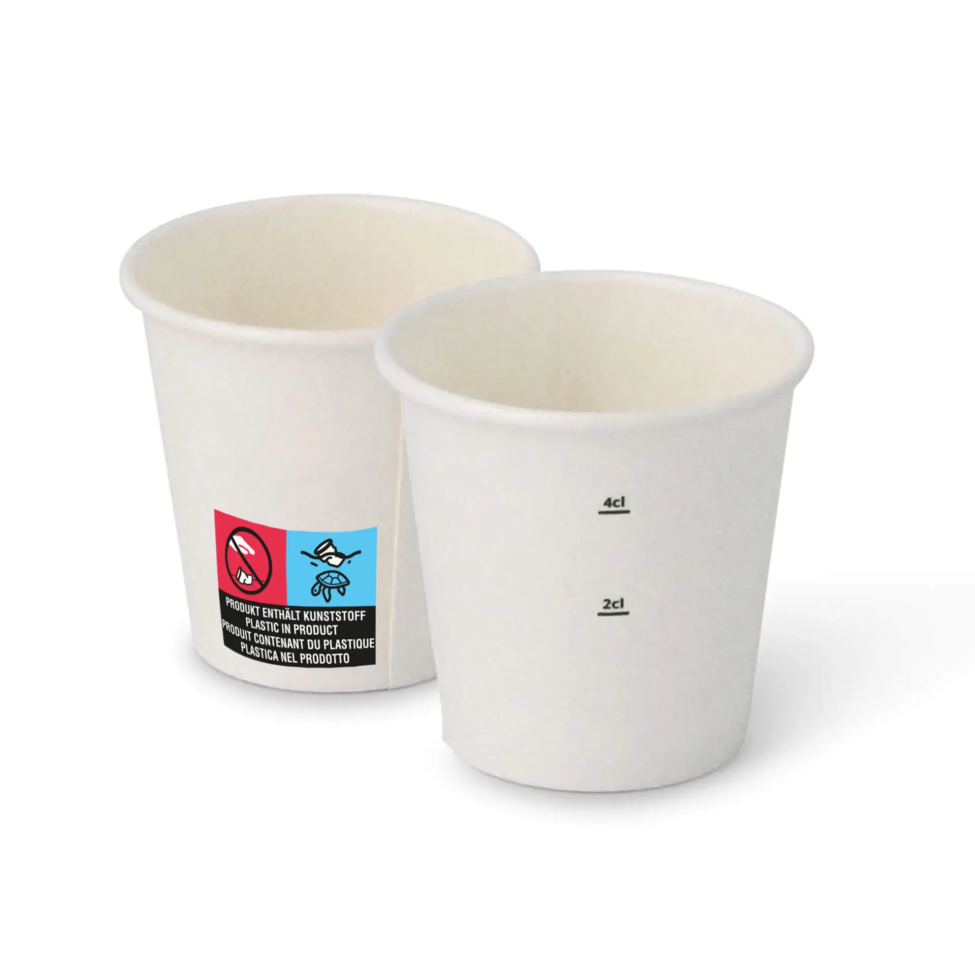 Twee witte papieren bekers van 2 oz met PE-coating; één beker toont markeringen voor het meten van het volume.