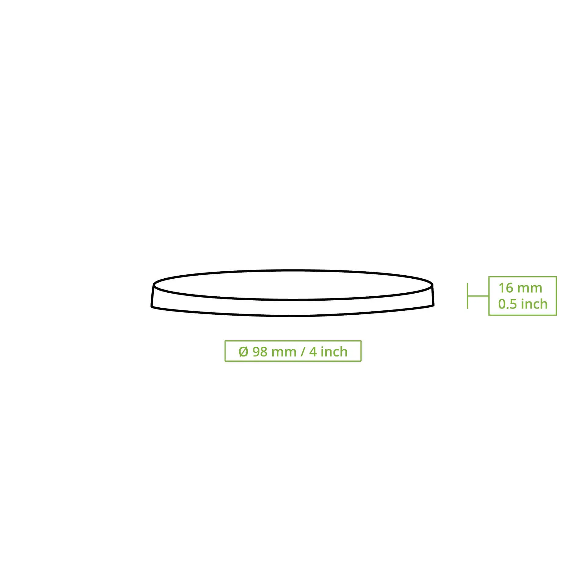 Schematische tekening van een witte kartonnen deksel met een diameter van 100 mm en een hoogte van 17 mm.