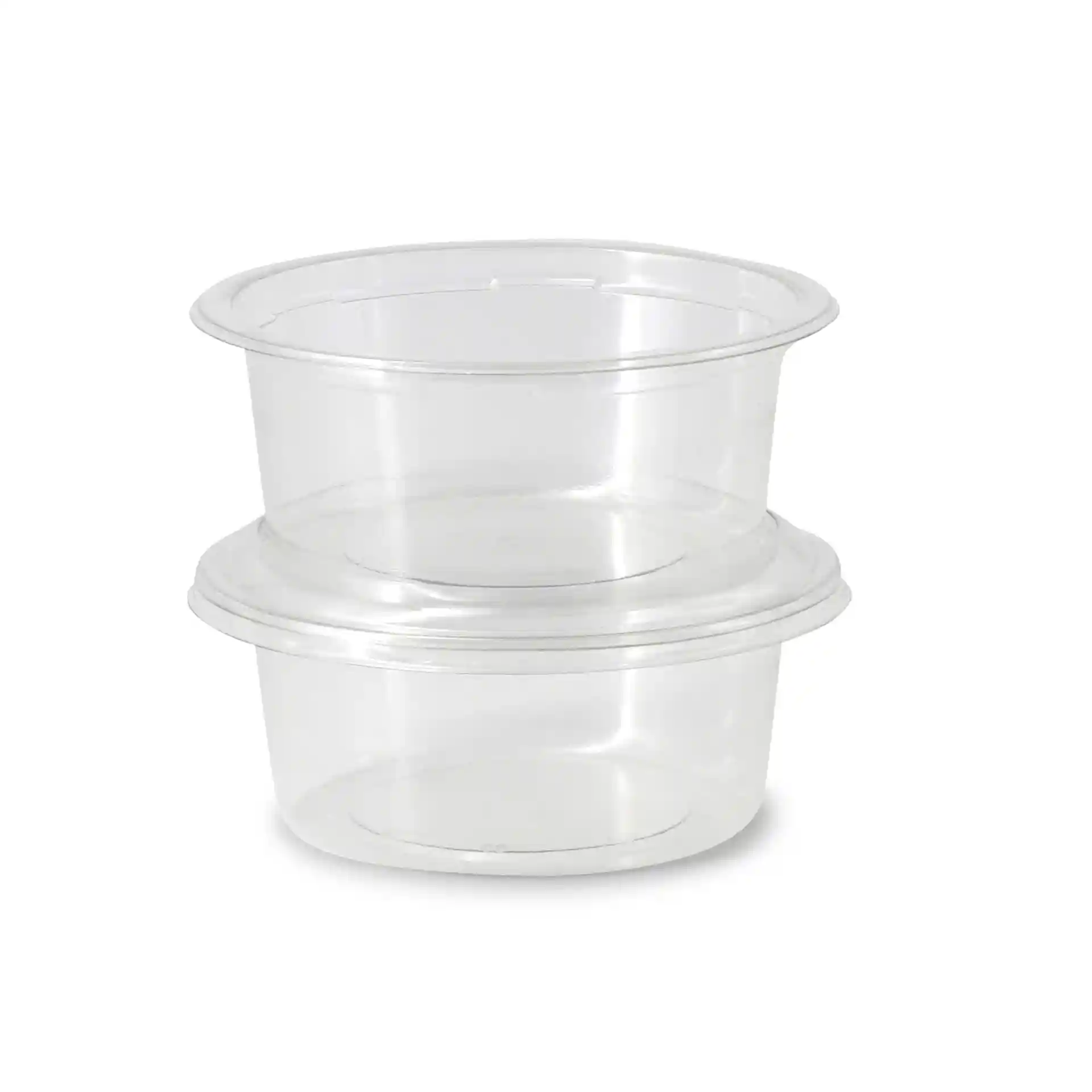Transparante rPET-deli-bakken gestapeld, elk met een inhoud van 325 ml en een diameter van 123 mm.