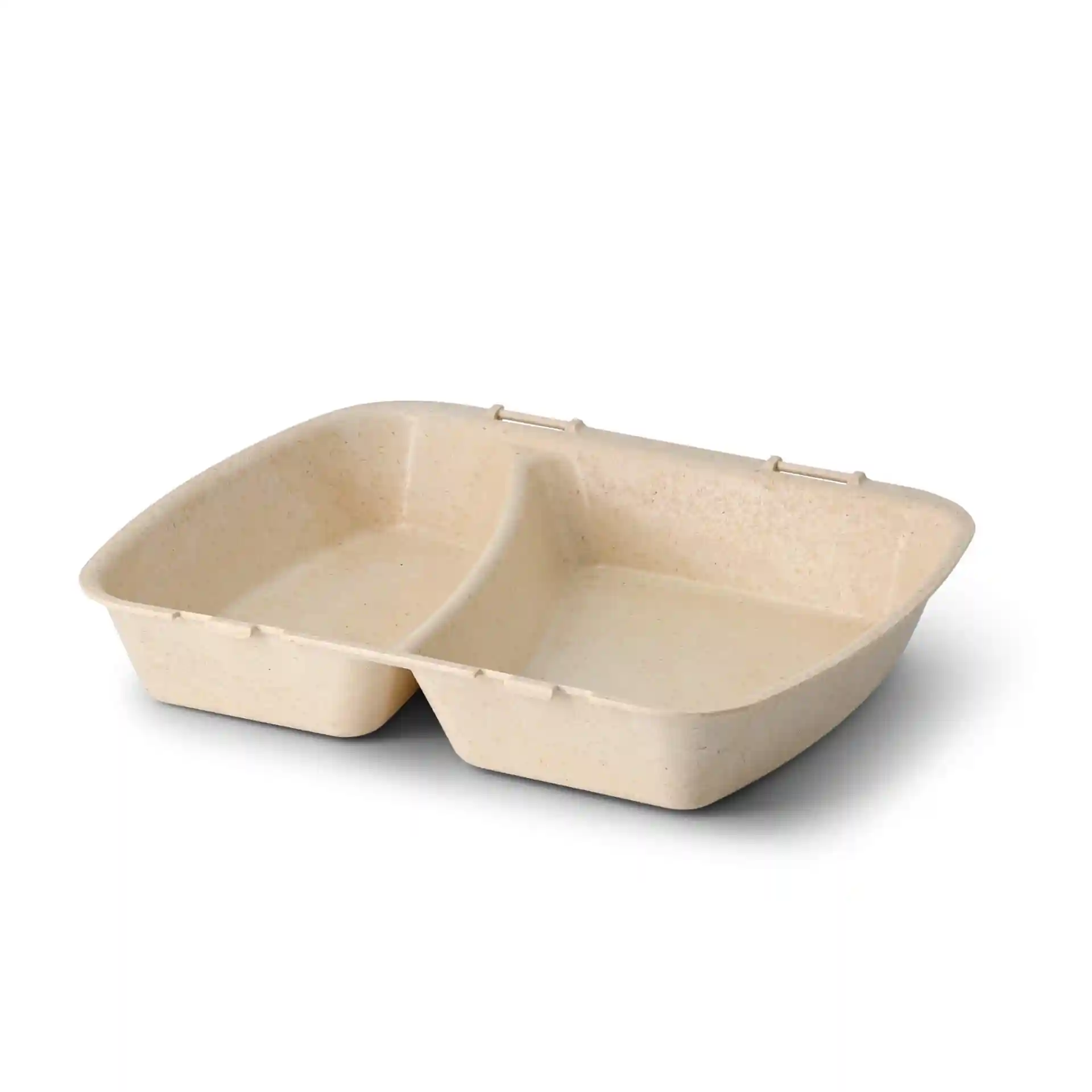 Herbruikbare maaltijdcontainer met twee compartimenten, crème witte kleur, afmetingen 24,5 x 20 x 4,5 cm.