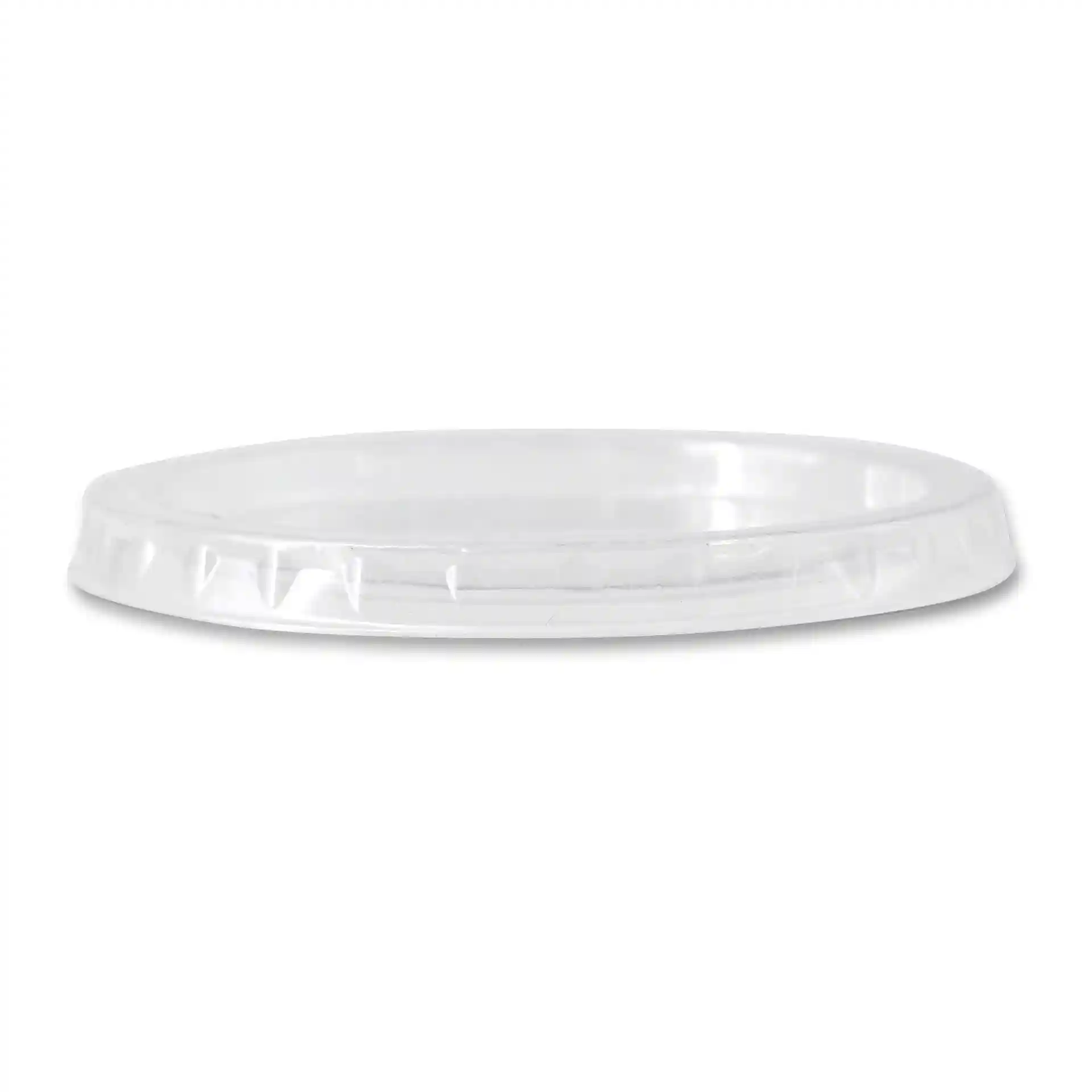 Transparante ronde PLA-deksel met een diameter van 70 mm en een iets bredere bodemdiameter van 74 mm.