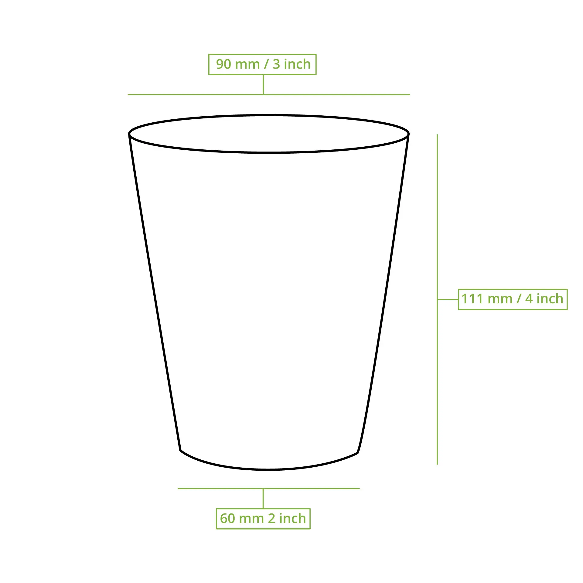 Eénwandige zwarte papieren beker, 300 ml / 12 oz, Ø 90 mm, met PLA-coating voor vochtbescherming, hoogte 111 mm.