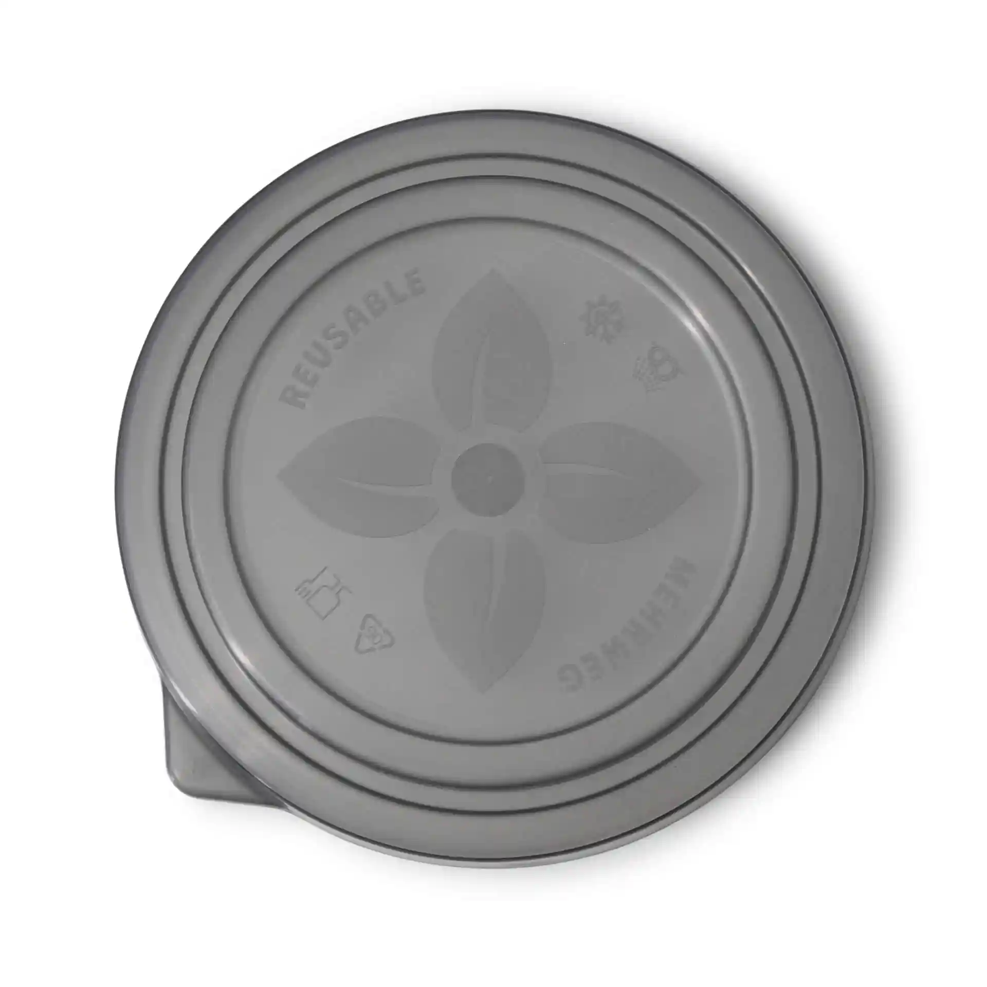 Ronde grijze herbruikbare deksel van PP, met een diameter van 150 mm en een hoogte van 15 mm.