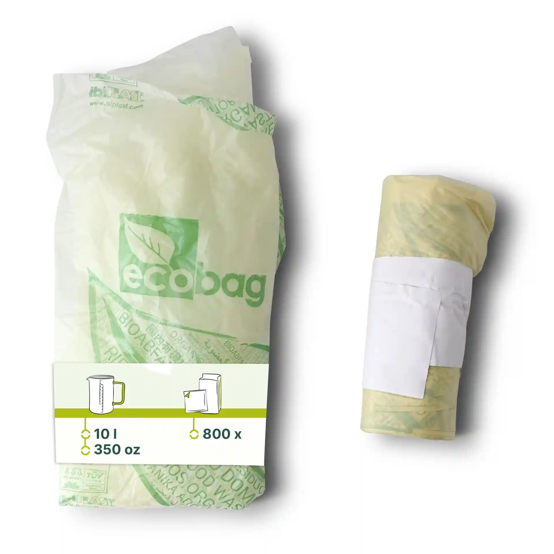 Transparante bio-afvalzakken van PLA, 42x42 cm, verpakt met een label dat een capaciteit van 10 liter en 800 zakken toont.