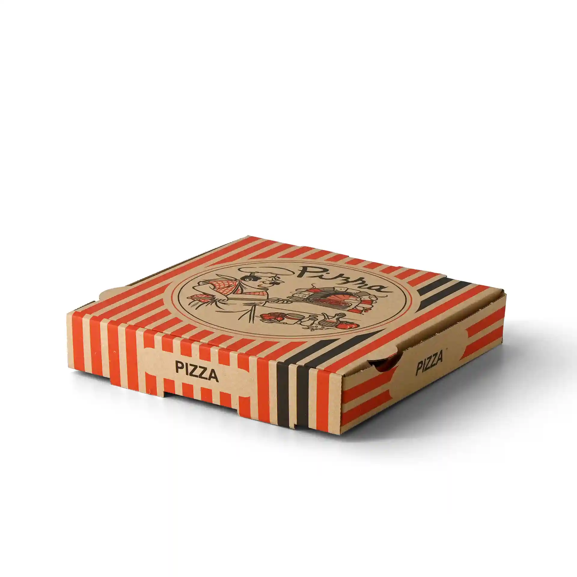 Pizzadoos met een pizzakok ontwerp, bruin met rode en zwarte strepen, 26 x 26 x 4 cm groot.