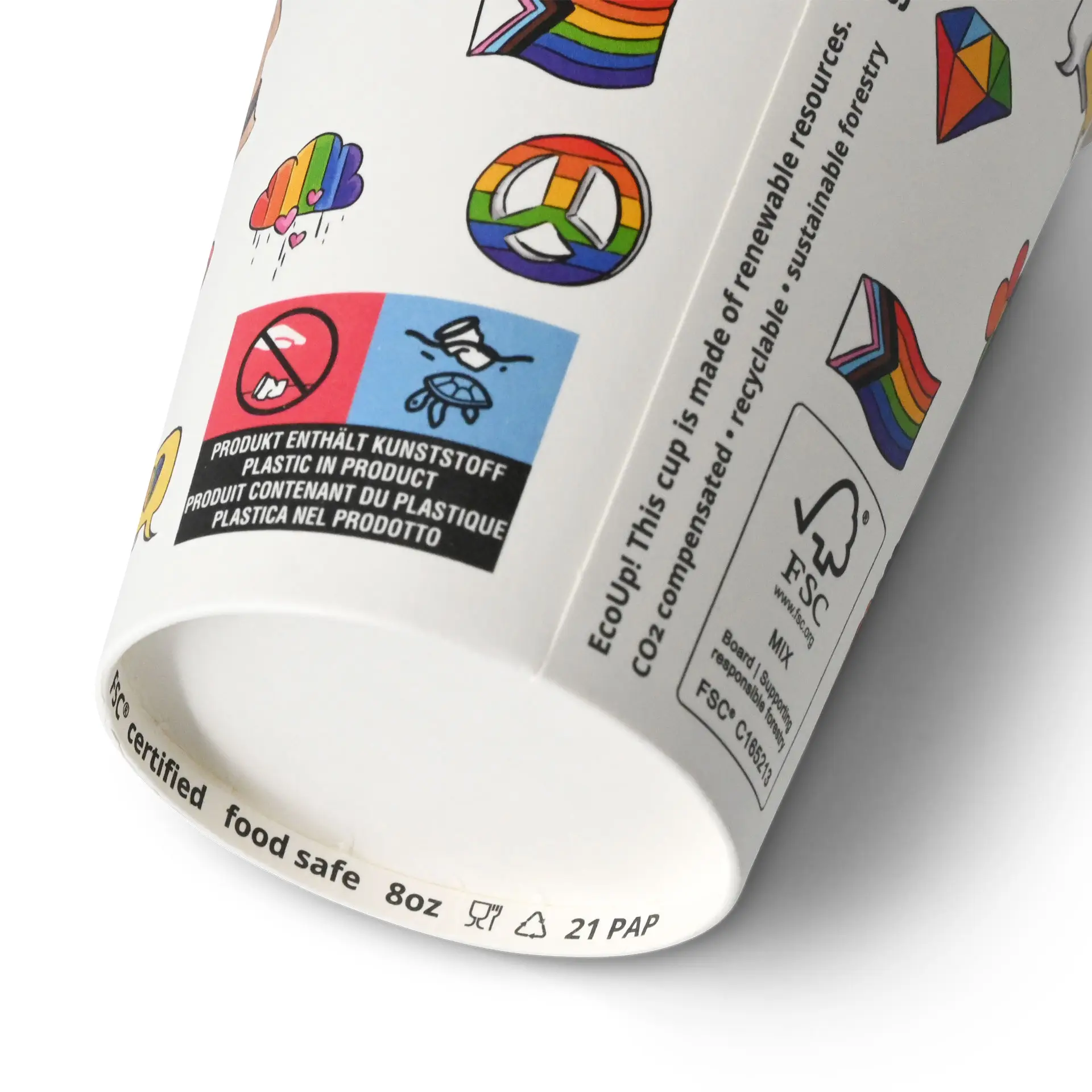 Kartonnen beker bedrukt "Pride" (gelaagd) 200 ml / 8 oz, Ø 80 mm, wit