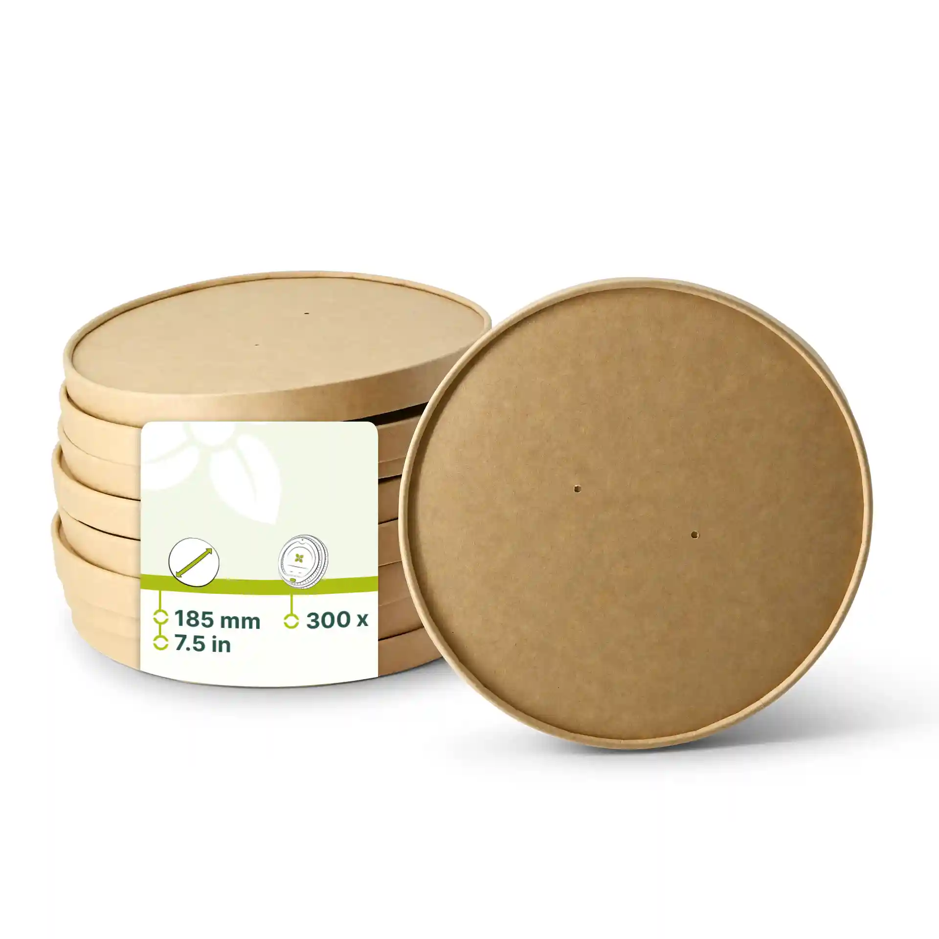 Ronde bruine kartonnen deksels met een diameter van 185 mm, gestapeld met een label met productdetails.