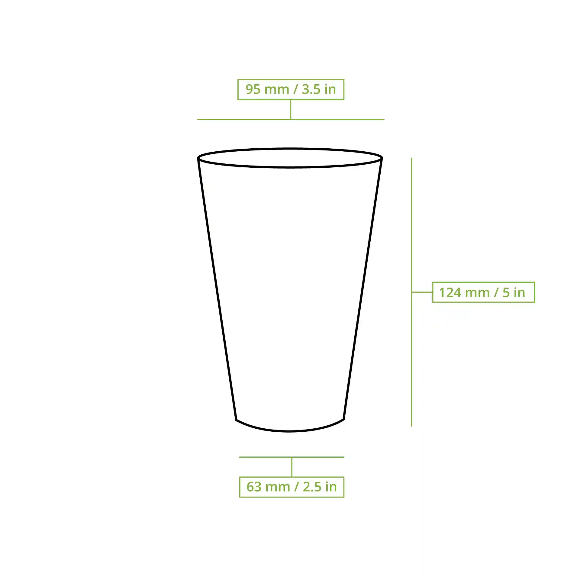 Schematische tekening van een beker met maatlijnen die een hoogte van 125 mm, een bovenste diameter van 95 mm en een onderste diameter van 63 mm tonen.