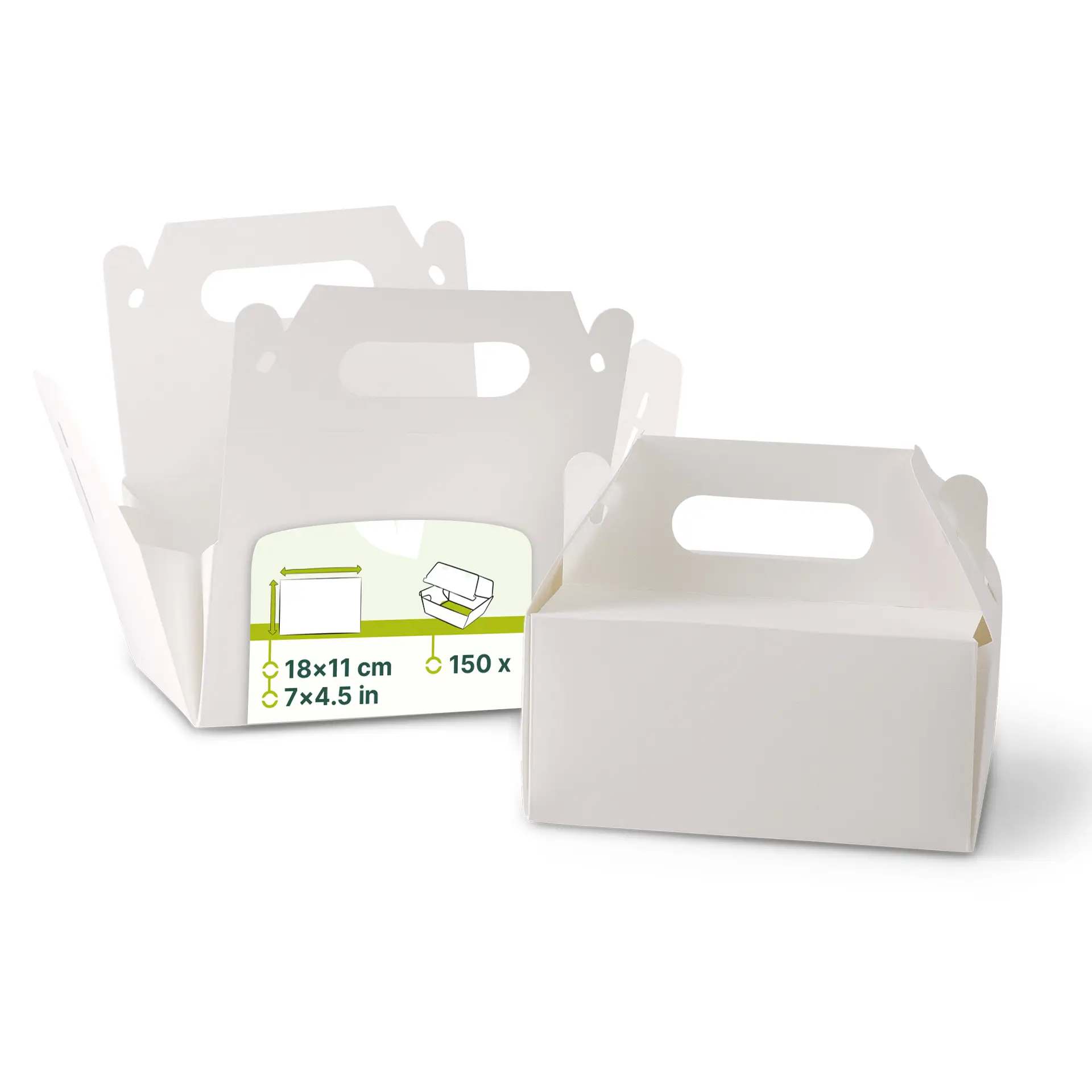 Kartonnen taartdoos met handvat S, 18 x 11 x 9 cm, wit, opvouwbaar Kartonnen taartdoos met handvat S, 18 x 11 x 9 cm, wit, opvouwbaar