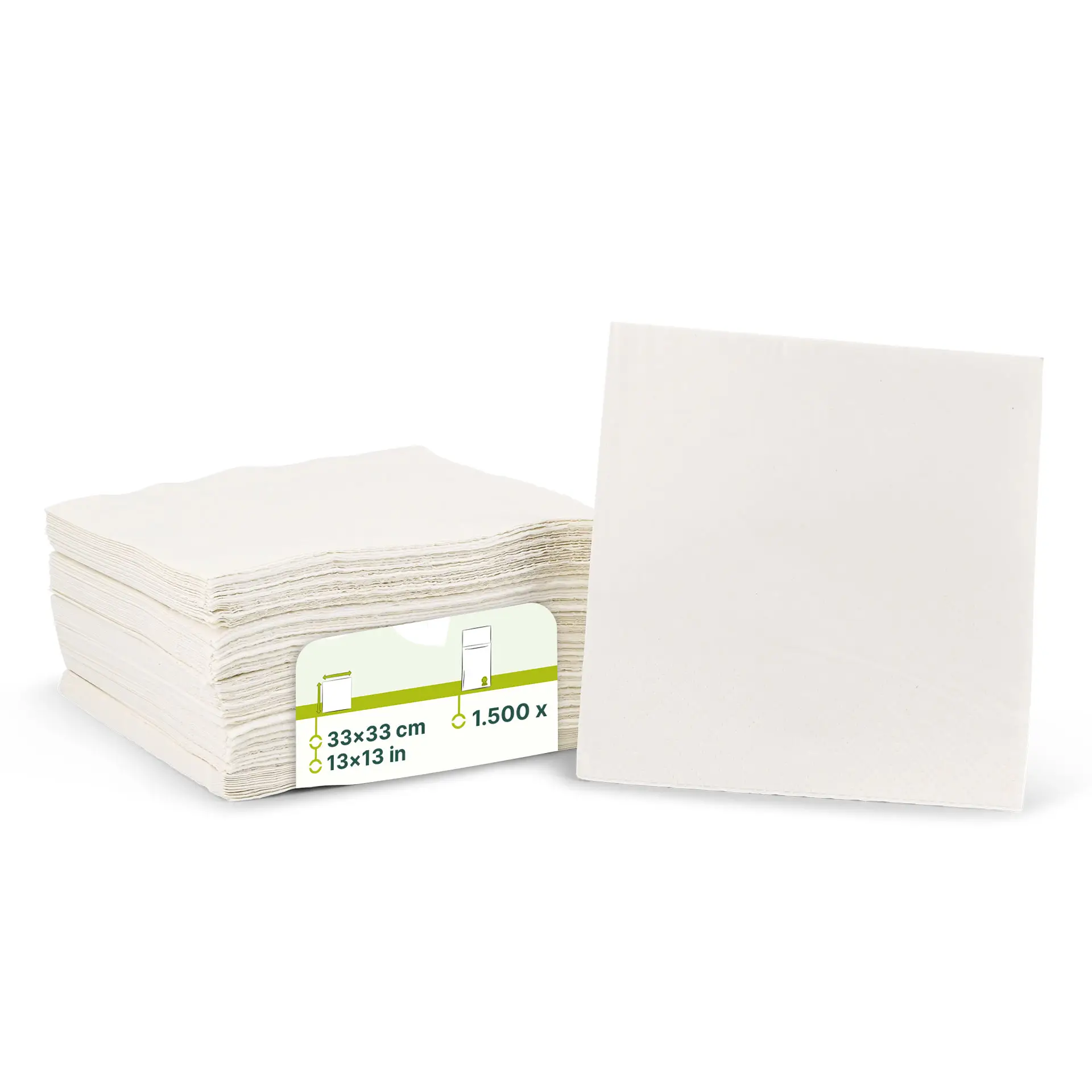 Stapel van witte 2-laags gerecycleerde papieren servetten, 33 x 33 cm, met een rechtopstaande servet.