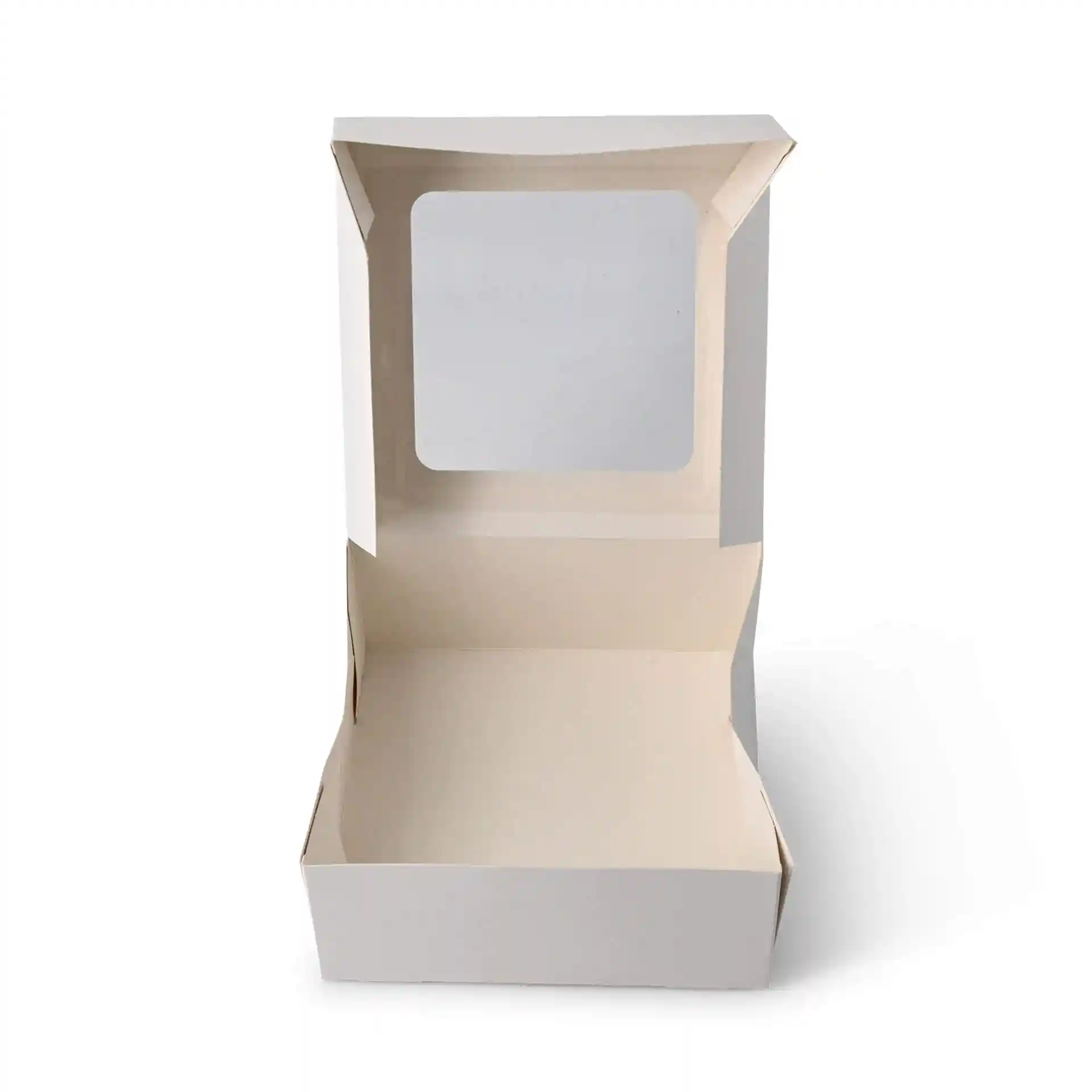 Witte kartonnen taartdoos in vierkante vorm met kijkvenster, 18 x 18 x 7,5 cm.
