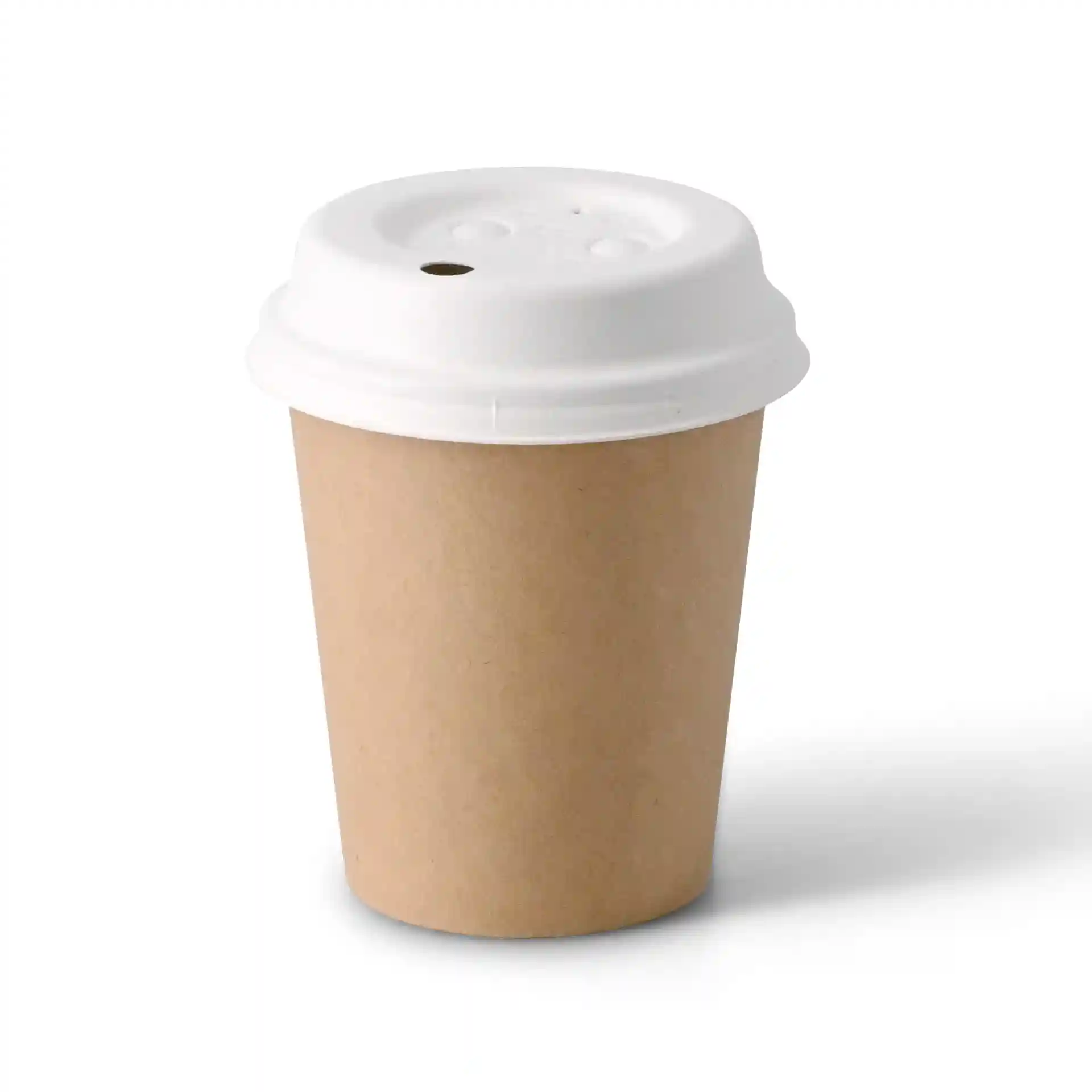 Bruine papieren beker met een witte deksel, enkele wand, 200 ml capaciteit en een diameter van 80 mm.