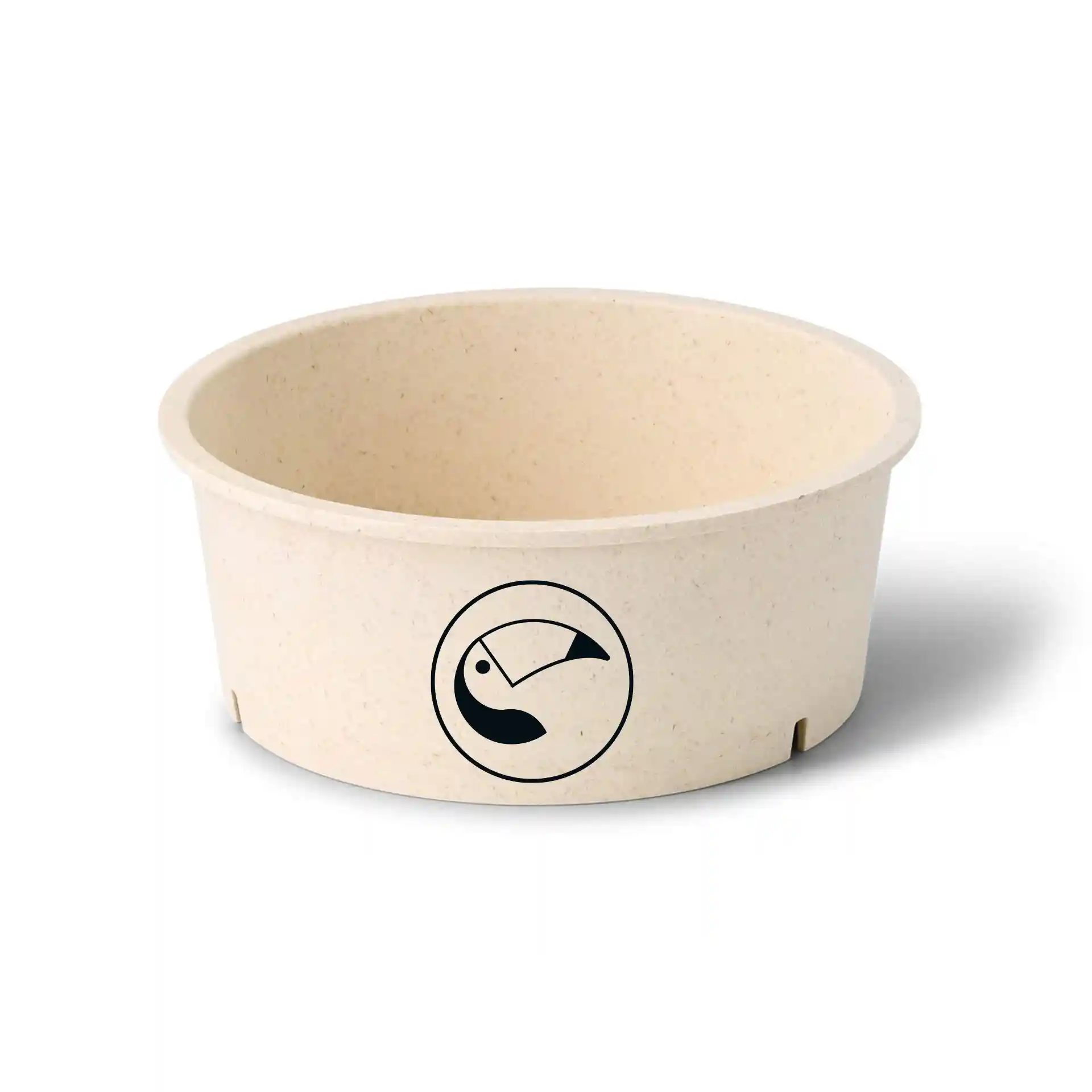 Ronde crème-witte herbruikbare kom met gedrukt logo, 650 ml capaciteit en een diameter van 150 mm.