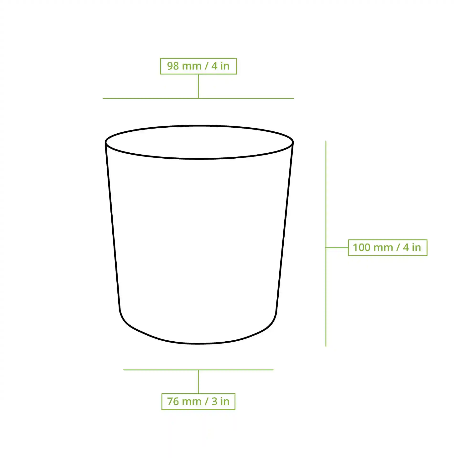 Schematische tekening van een ronde takeaway-soepcontainer met gelabelde afmetingen: 100 mm hoogte, 98 mm bovenste diameter, 76 mm onderste diameter.