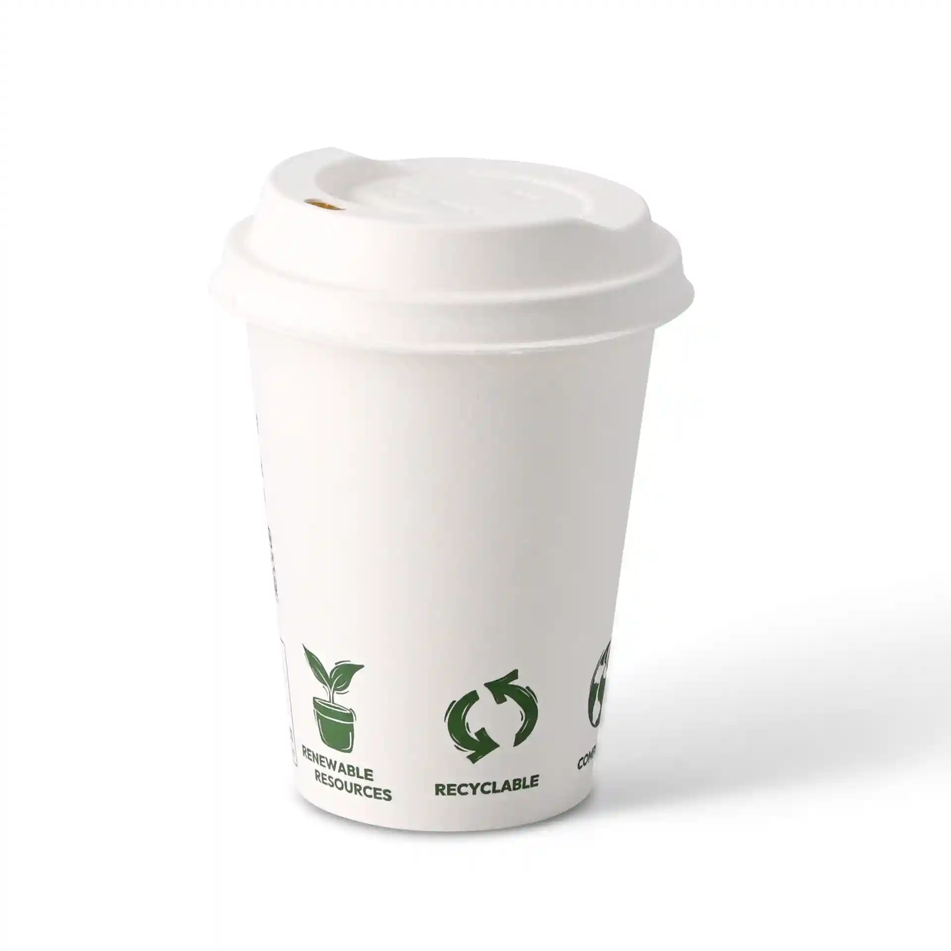 Witte papieren beker met deksel, 300 ml capaciteit, met groene iconen voor hernieuwbare bronnen en recyclebaarheid.