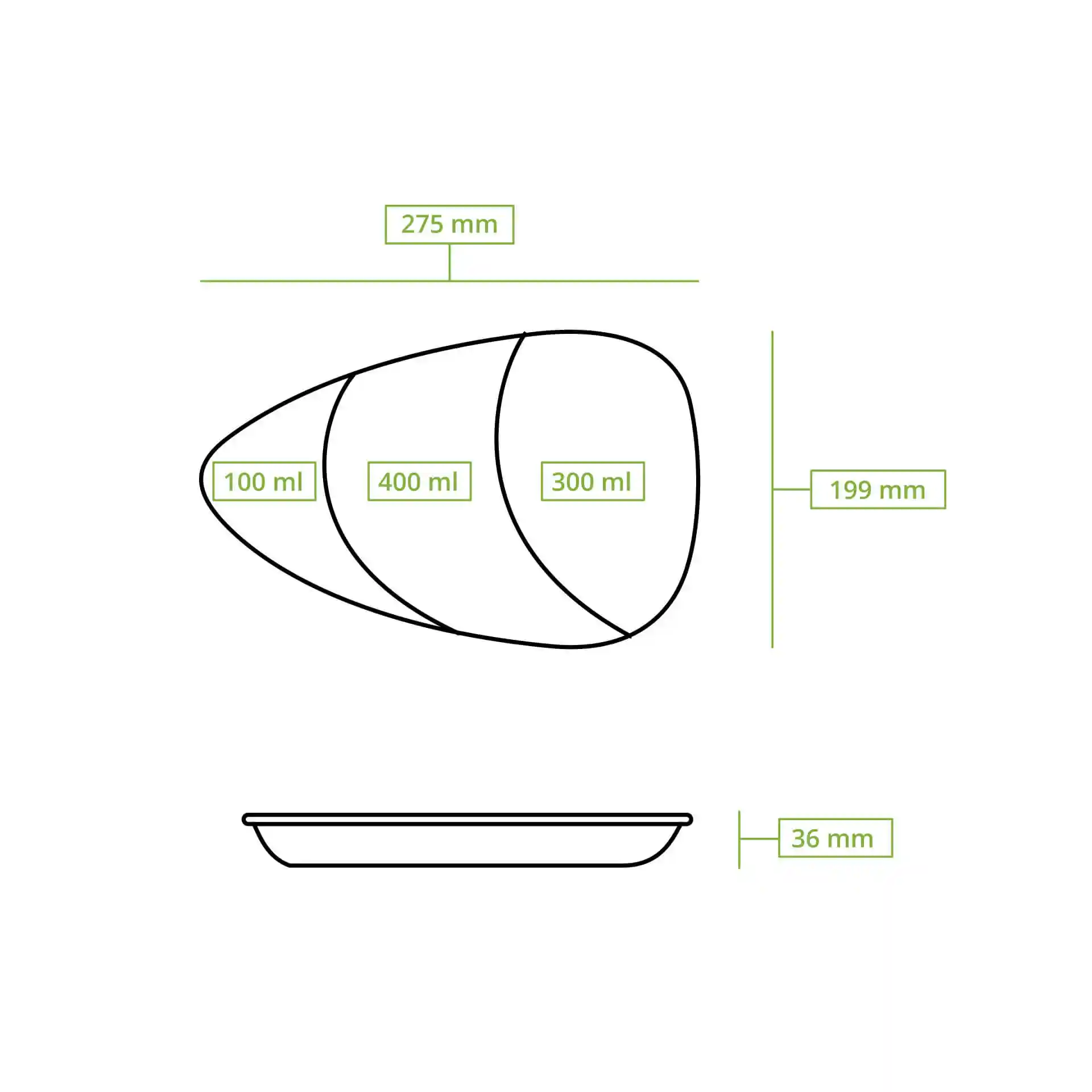 Schematische tekening van een drie-compartimenten bord met afmetingen van 275 mm bij 199 mm en een hoogte van 36 mm.