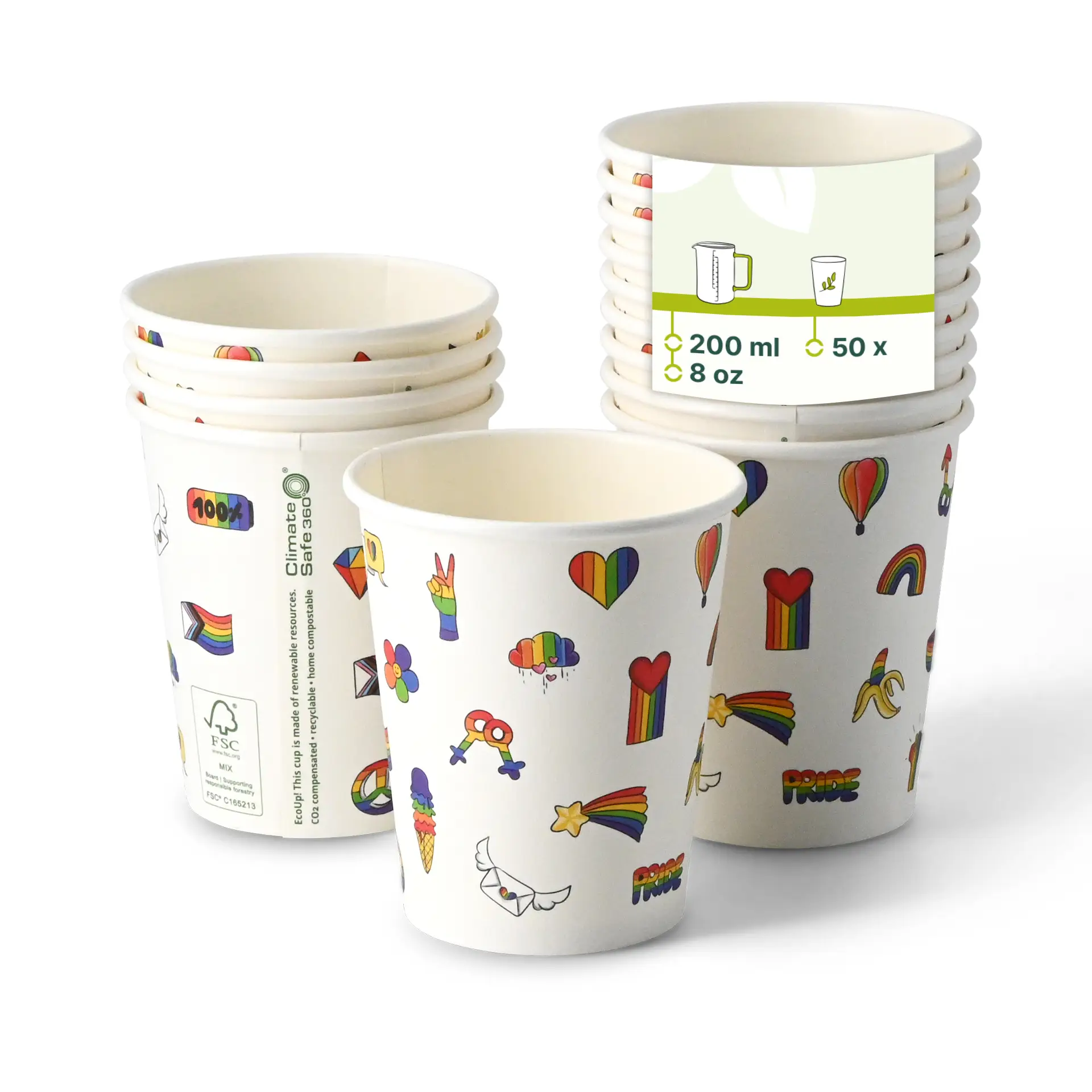 Kartonnen beker bedrukt "Pride" 200 ml / 8 oz, Ø 80 mm, wit dhd045571-pappbecher-bedruckt-pride-200-ml-8-oz-80-mm-weiss