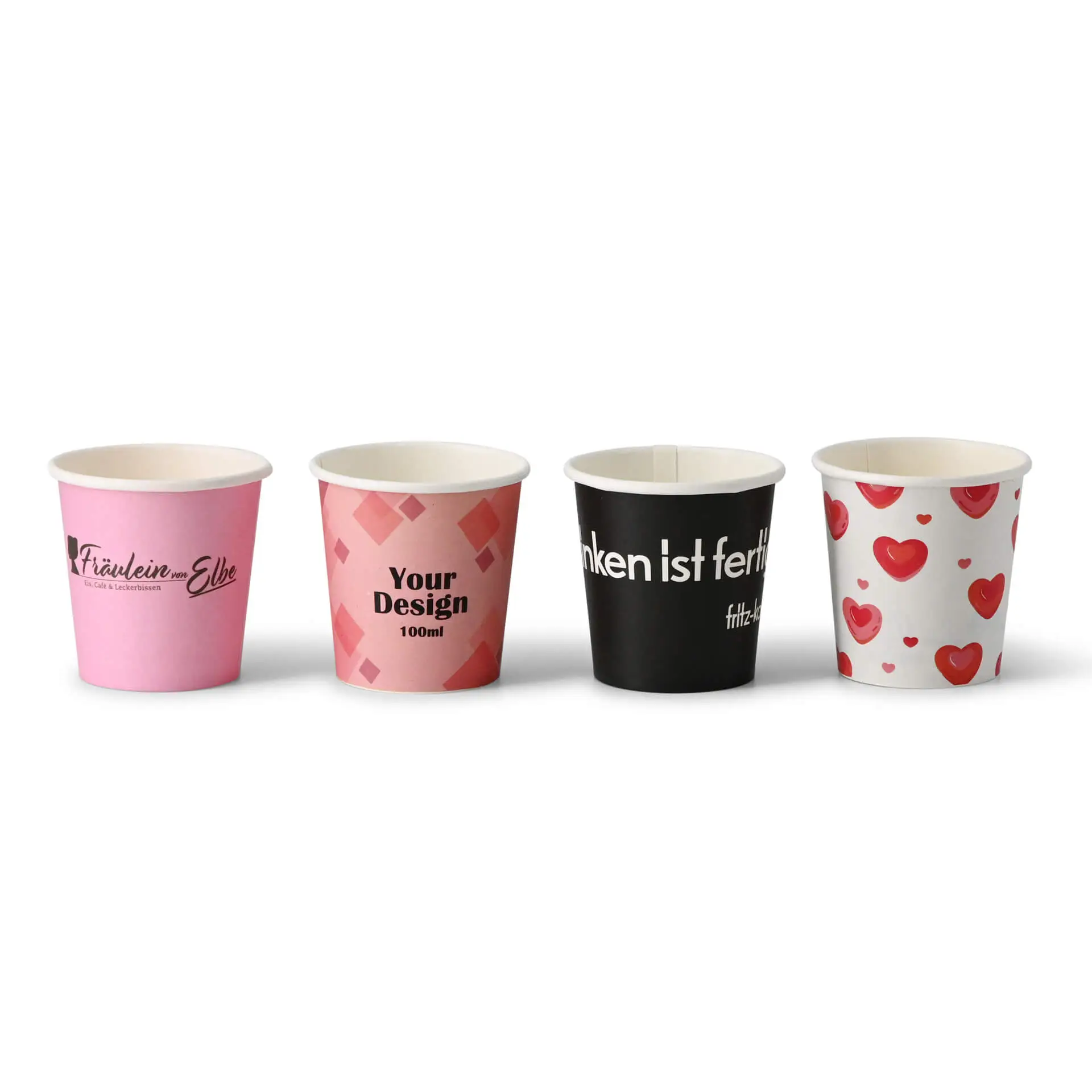 Papieren bekers met logo (enkelwandig), 100 ml / 4 oz, wit, watergedragen barrière Papieren bekers met logo (enkelwandig), 100 ml / 4 oz, wit, watergedragen barrière