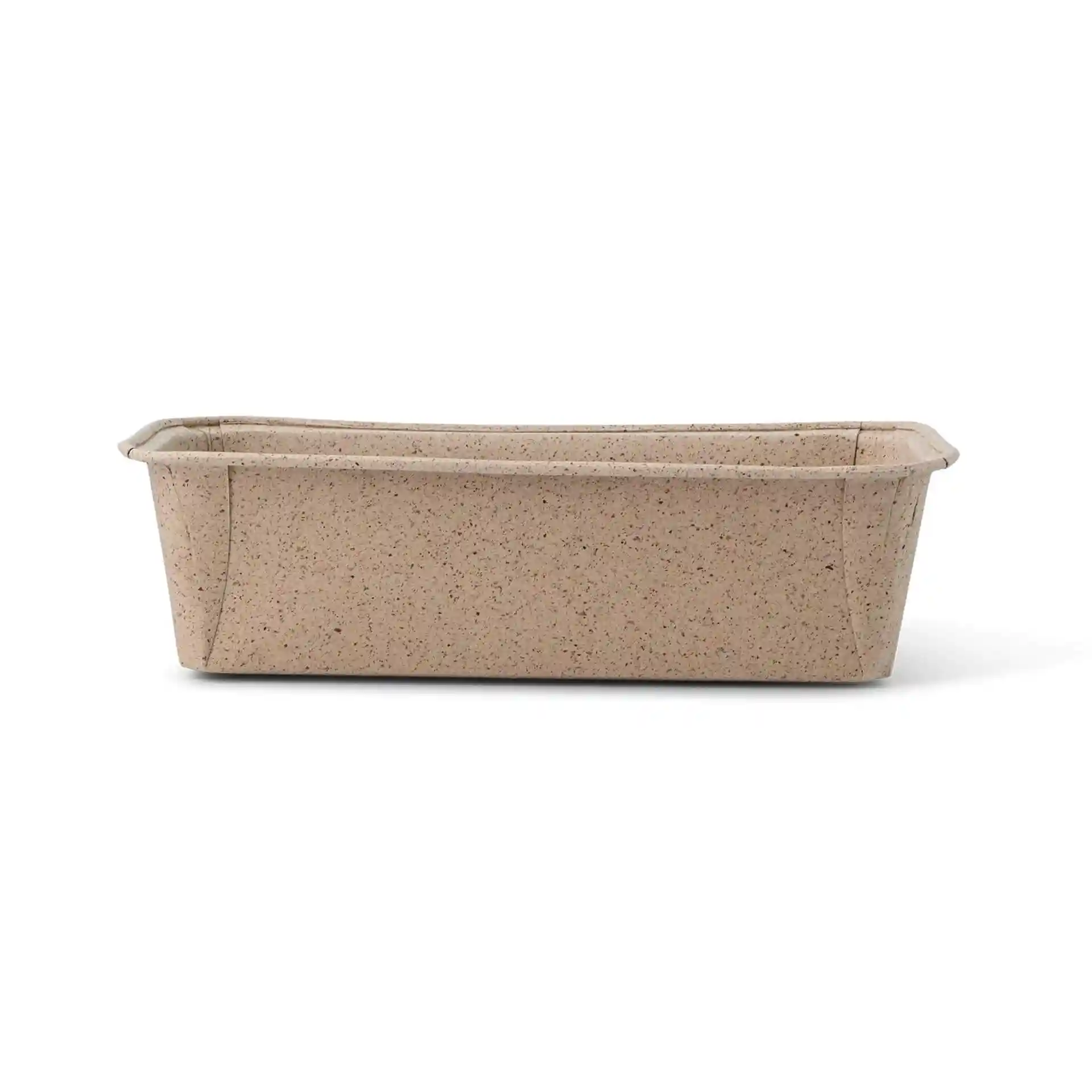 Rechthoekige bakvorm van bruin cacaopapier, 20 × 7 × 6 cm groot.
