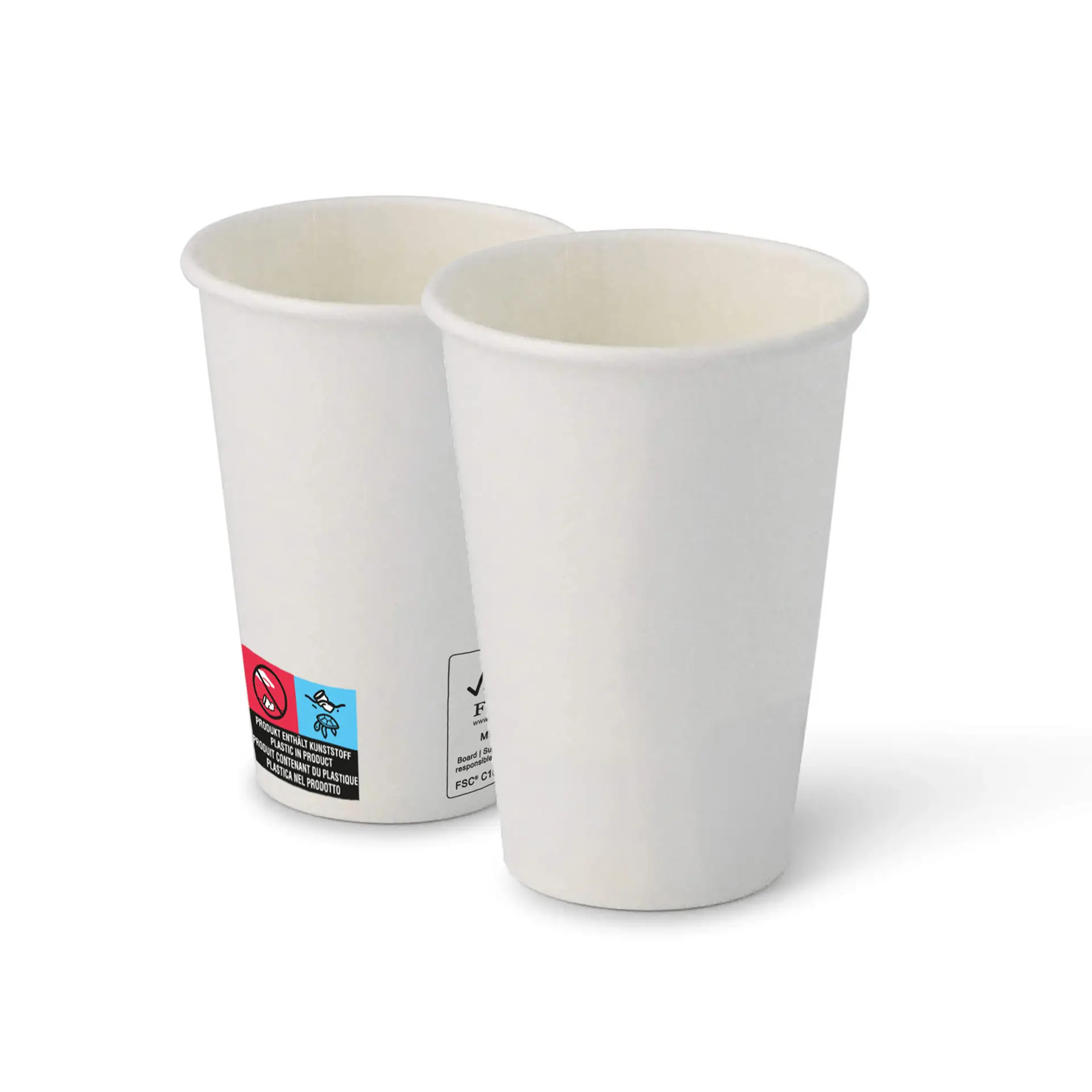 Twee witte papieren bekers met een ronde vorm, met binnenbekleding en labels aan de zijkant.