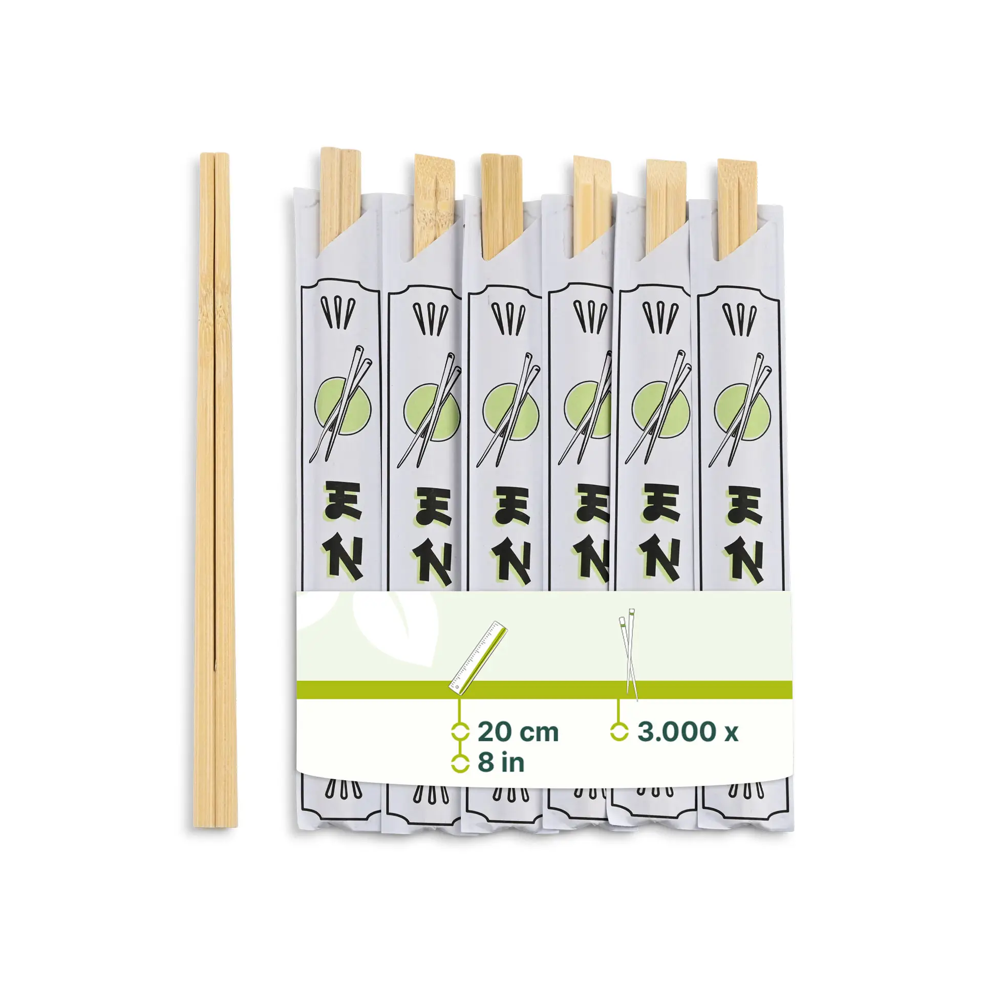 Bamboe eetstokjes 20 cm, papieren wikkel, per stuk verpakt Bamboe eetstokjes 20 cm, papieren wikkel, per stuk verpakt