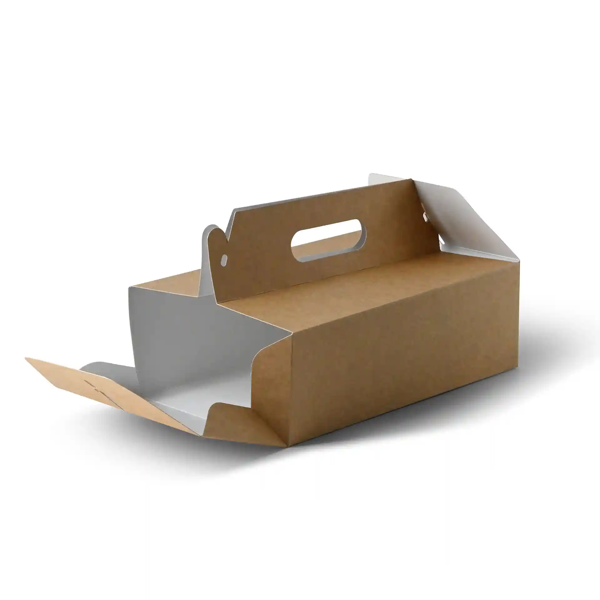 Vouwbare kartonnen taartdoos met handvat, 26 x 17 x 9 cm, getoond in open positie.