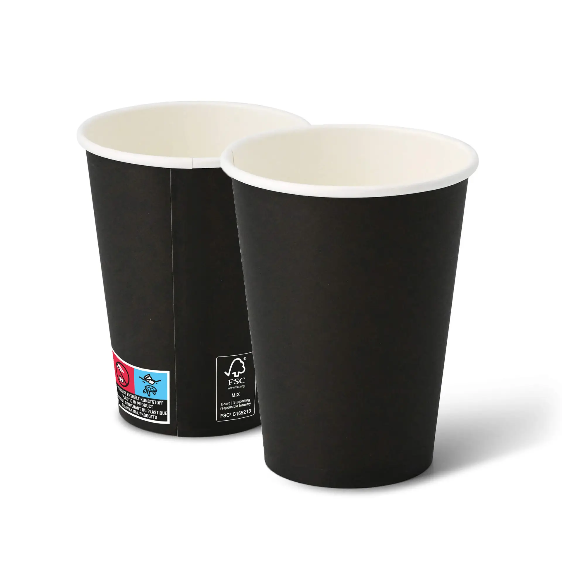 Zwarte kartonnen bekers, 12 oz capaciteit, ronde vorm, met witte binnenkant en zichtbare labels aan de zijkant.