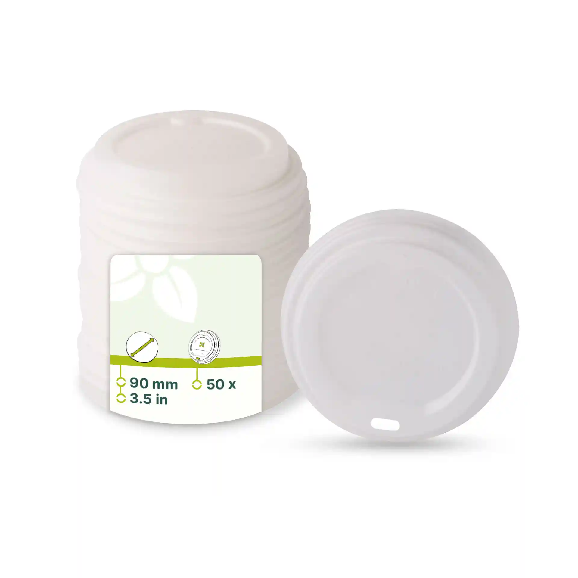 Witte CPLA-deksel met drinkopening, 90 mm diameter, getoond met een stapel meerdere deksels.