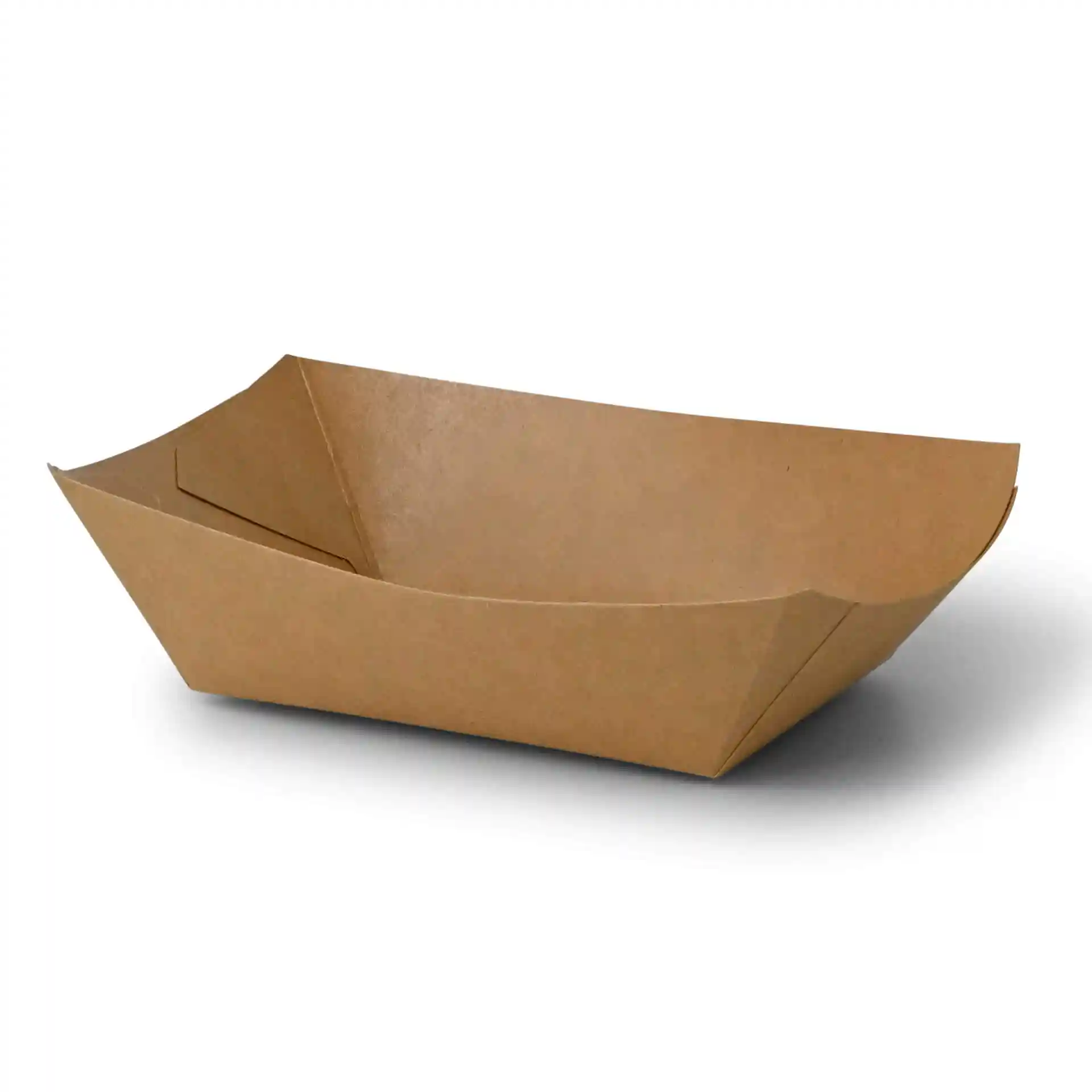 Bruine kartonnen snacktray met afmetingen 17 x 12 x 4 cm, met een ondiep, open ontwerp.