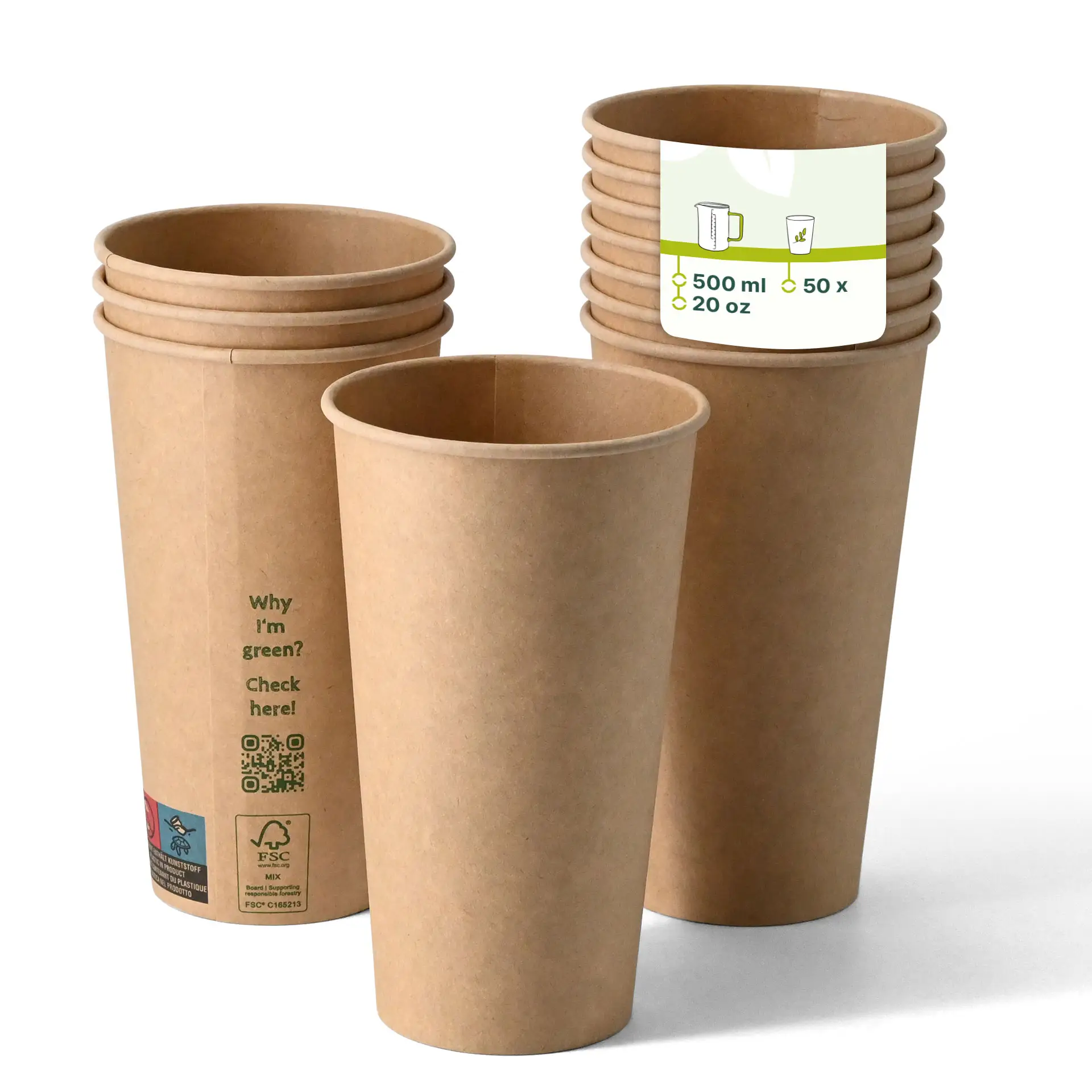 Bruine papieren bekers met enkele wand en PLA-coating, geschikt voor warme en koude dranken, 500 ml, gestapeld.
