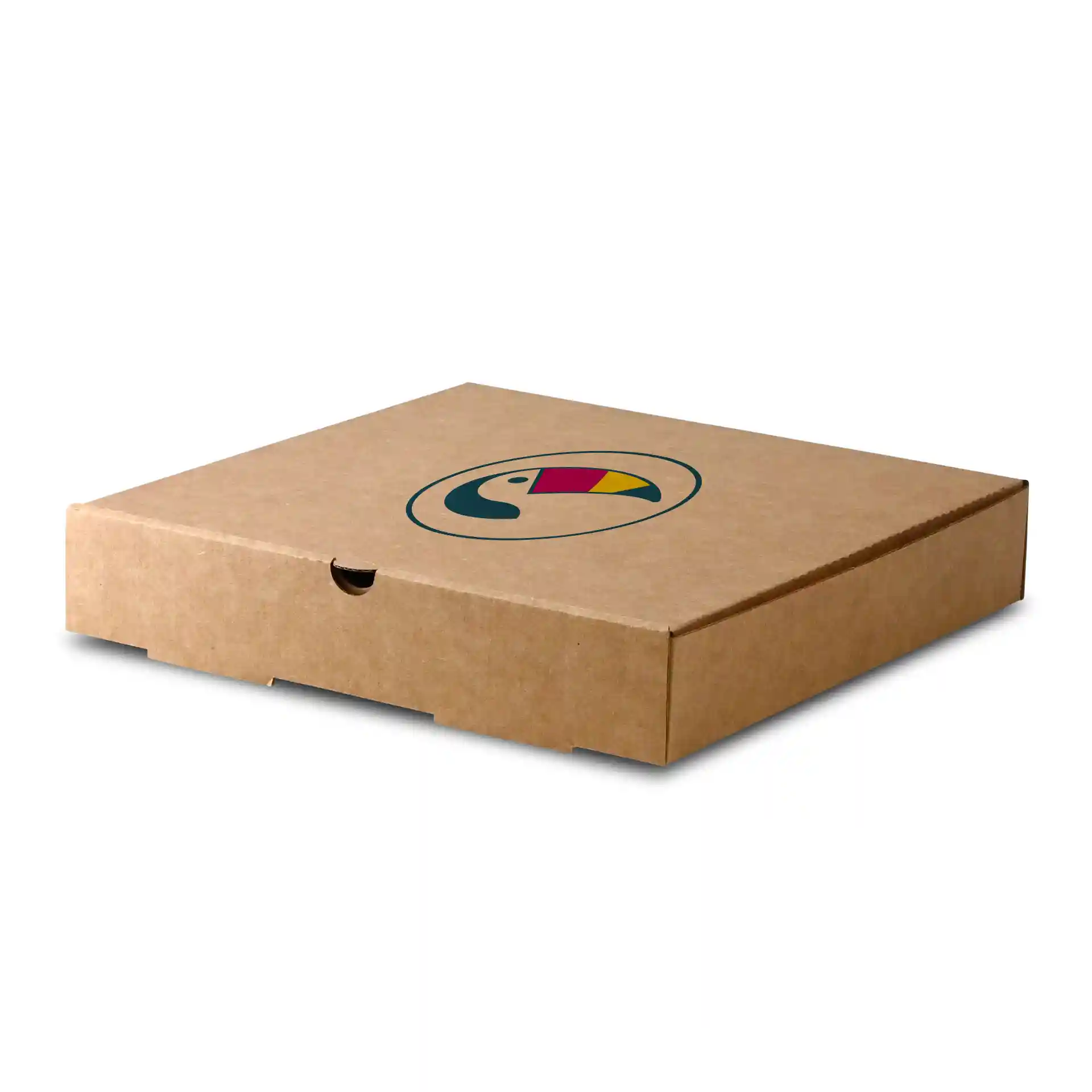 Bruine pizzadoos met een rond logo met een toekanontwerp, 26 x 26 x 4 cm groot.