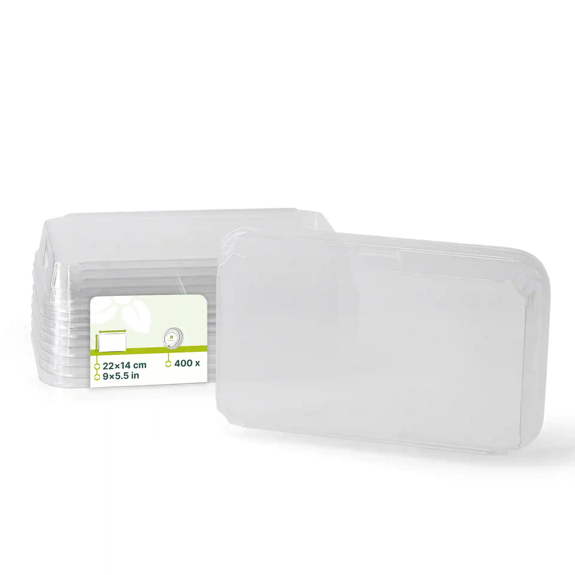 Transparante PET-deksels voor sushi-dozen, 22 x 14 cm, gestapeld met een label met afmetingen en hoeveelheid.