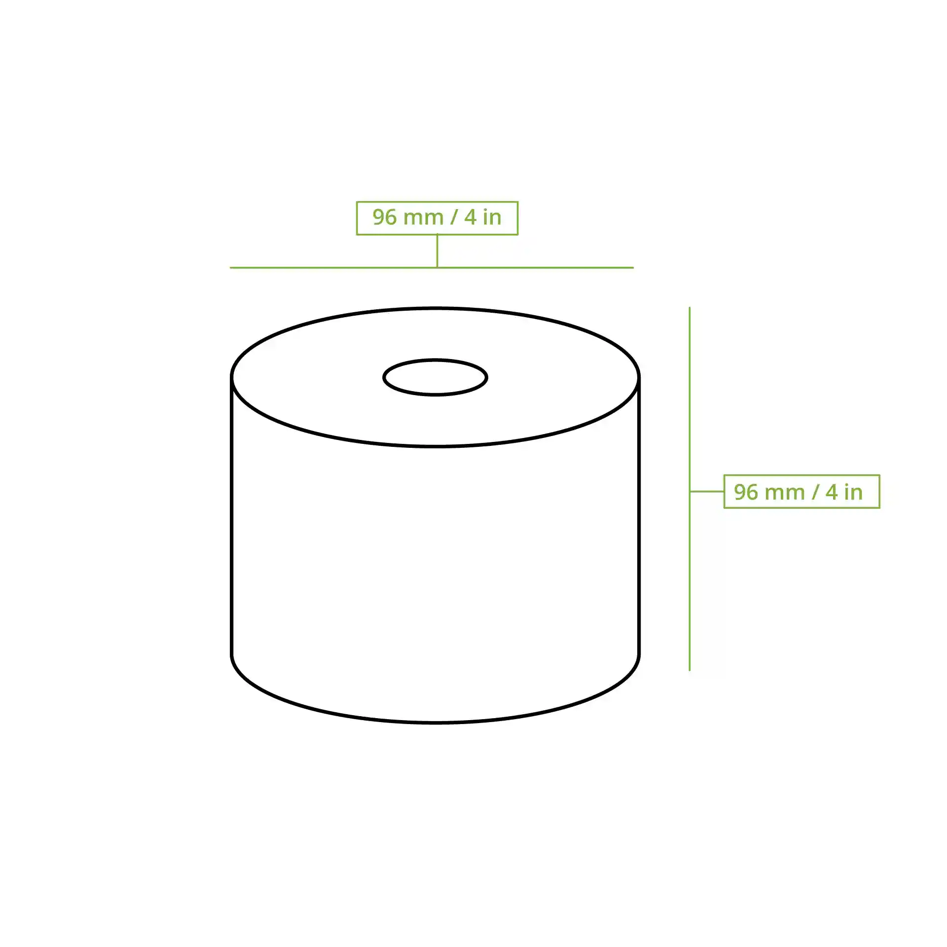 Schematische tekening van een cilindrisch object met een centraal gat, afmetingen 96 mm / 4 in.