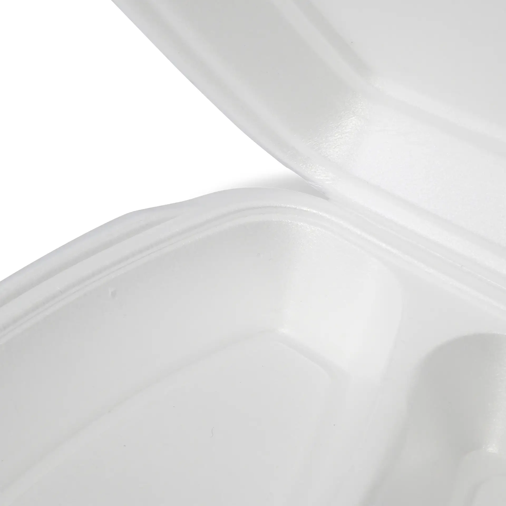 Witte wegwerfoodcontainer met scharnierend deksel, dat de binnenruimte toont.