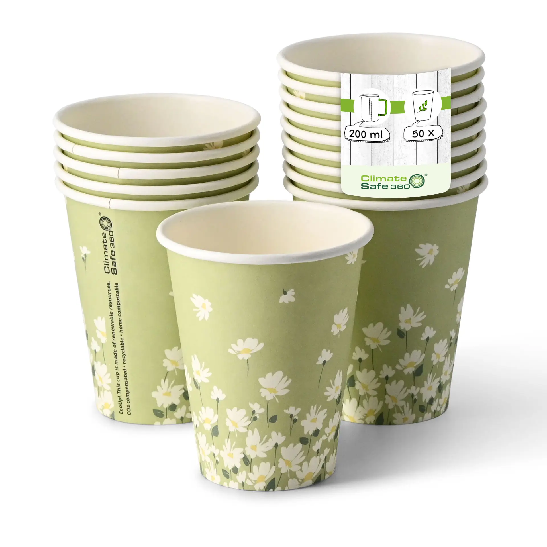 Kartonnen bekers lente "Madeliefje" 200 ml / 8 oz, Ø 80 mm, groen dhd041111-pappbecher-fruehling-gaensebluemchen-200-ml-8-oz-80-mm-gruen
