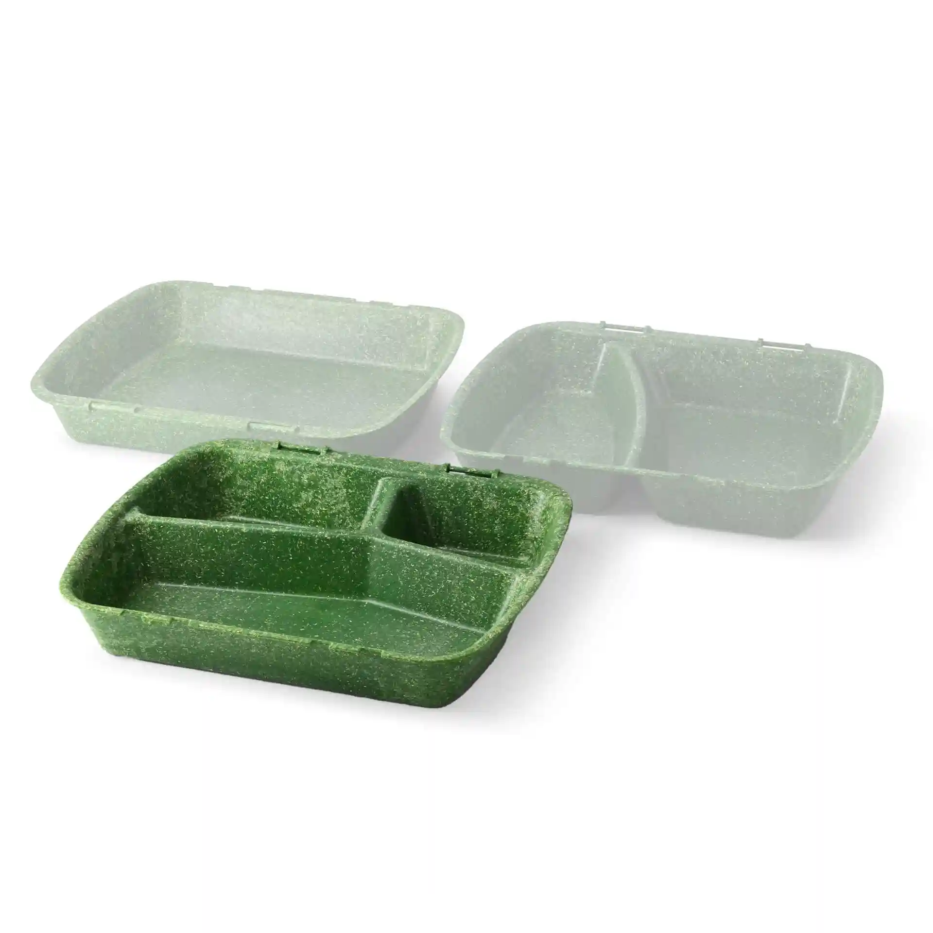Herbruikbare maaltijdcontainer met drie compartimenten in spinaziegroen, afmetingen 24,5 x 20 x 4,5 cm.