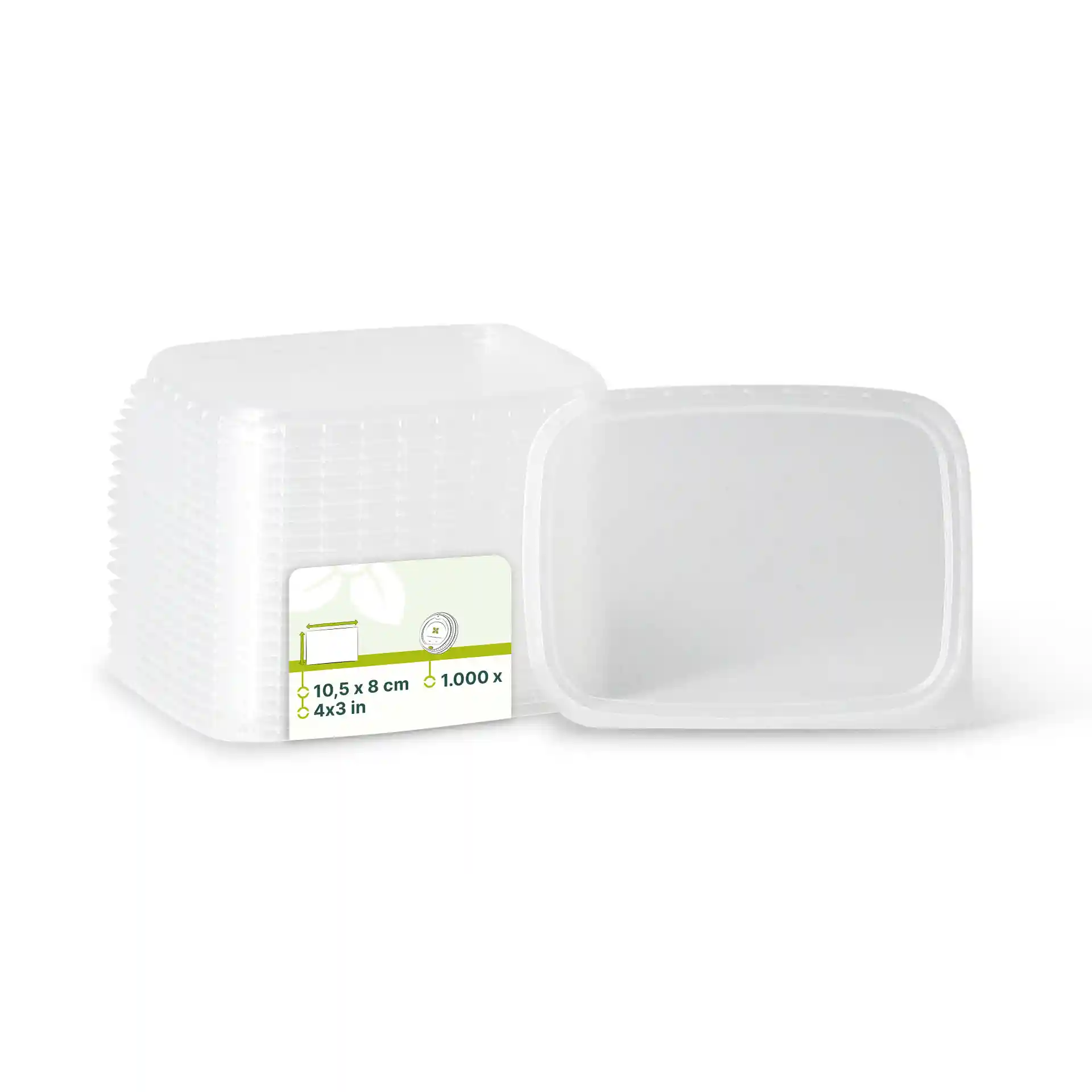 Transparante rechthoekige bekerdeksels van PP, 10,5 x 8 cm, met een label voor afmetingen en hoeveelheid.