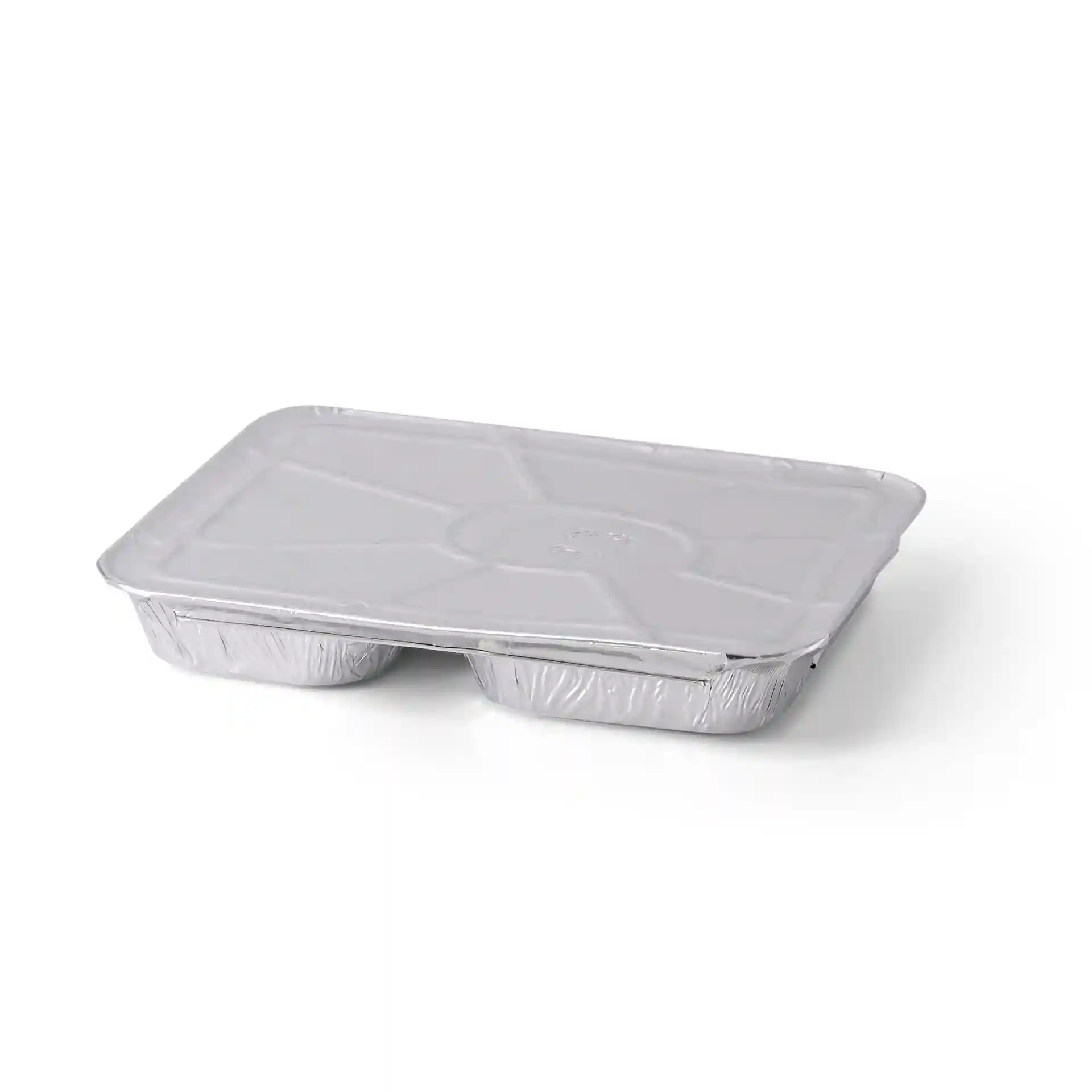 Rechthoekige aluminium maaltijdtray met twee compartimenten, afmetingen 22,7 x 17,7 x 3 cm.