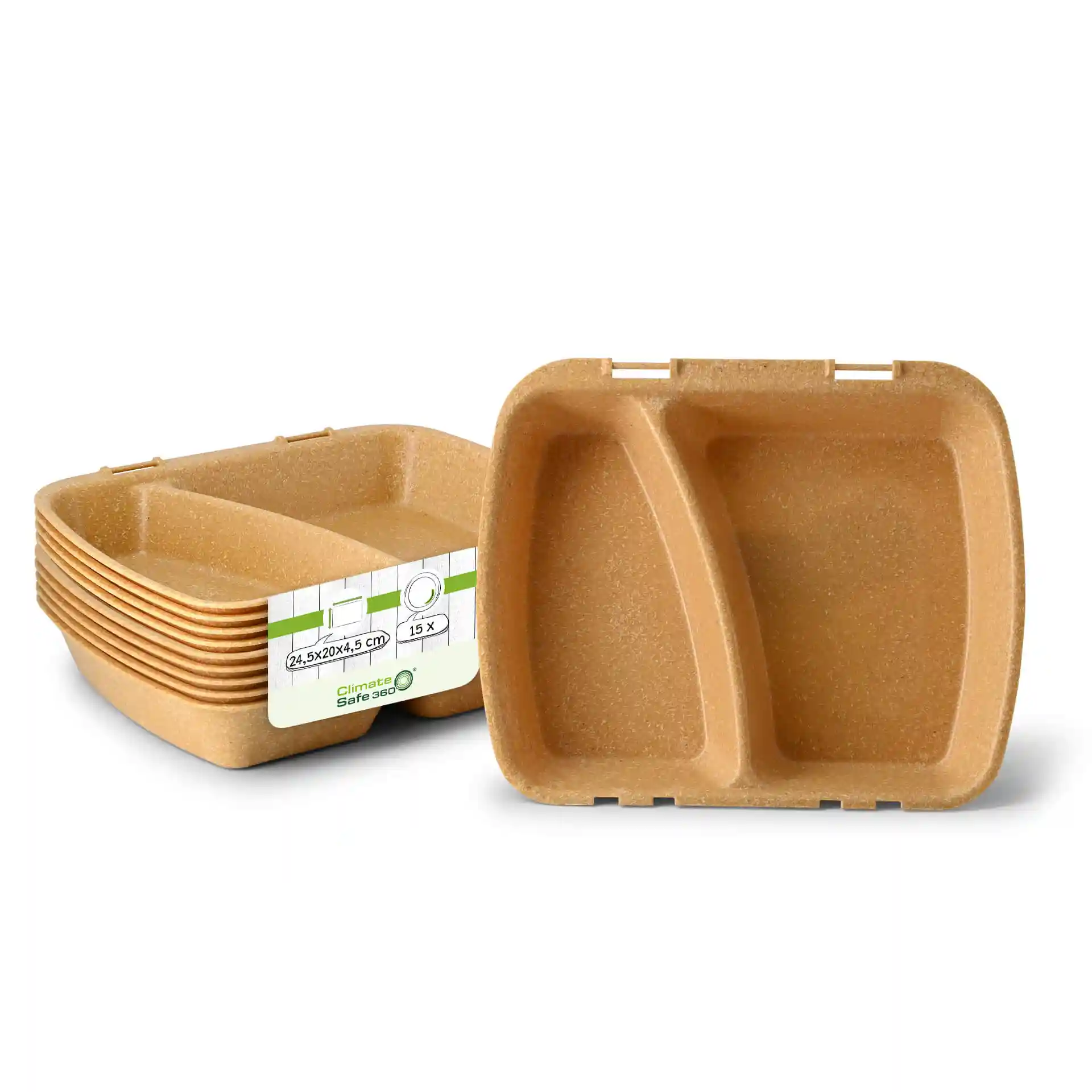 Bruine herbruikbare maaltijdcontainer met twee compartimenten, 24,5 x 20 x 4,5 cm, met een label met productdetails.